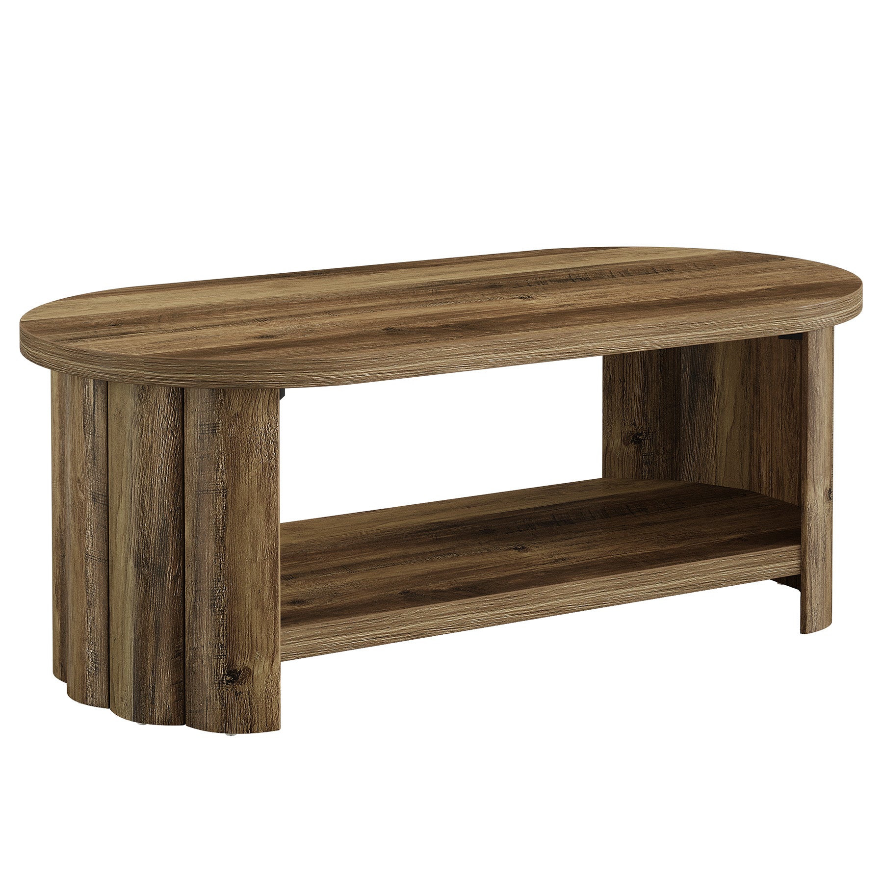 47.24-Inch Oval Coffee Table with 2-Tier Storage Shelf and Dual Base, Farmhouse Accent Center Table