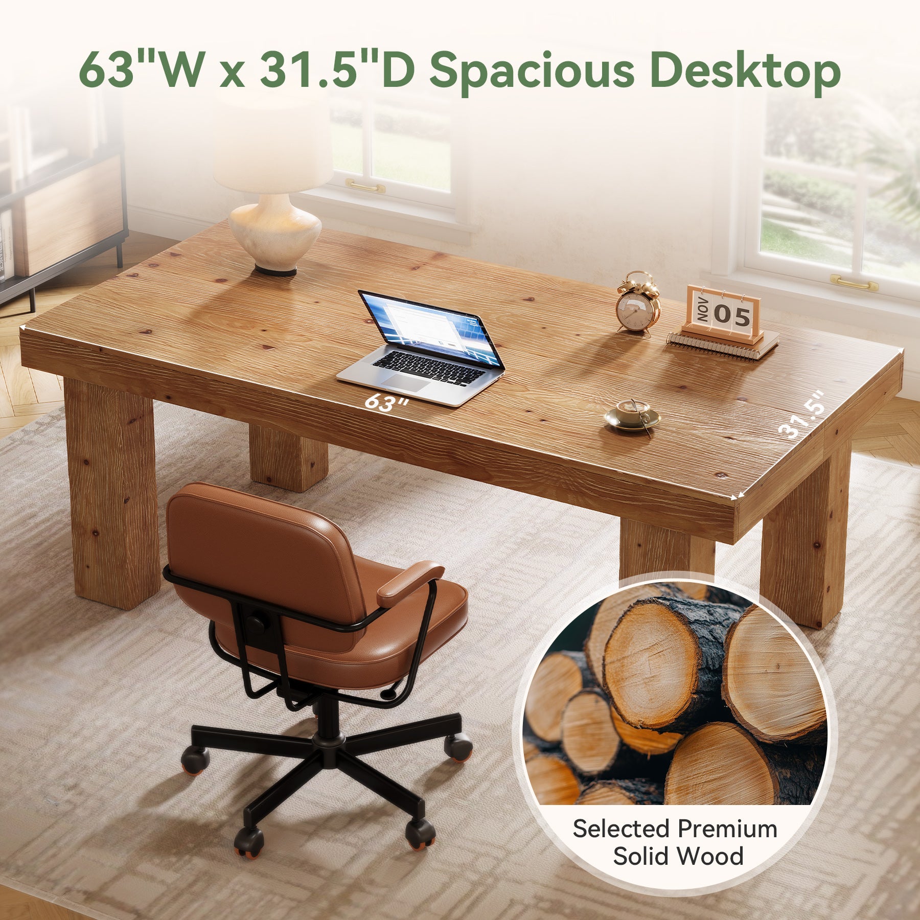 63-Inch Solid Wood Executive Desk with 3.74-Inch Thick Desktop and 350 lb Capacity, Farmhouse Computer Desk for Home Office Study and Business Workstation