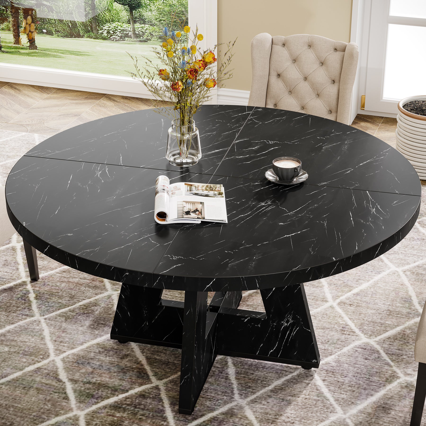 47-Inch Round Dining Table, Farmhouse Wood Kitchen Table for 4-6 with Cross Base