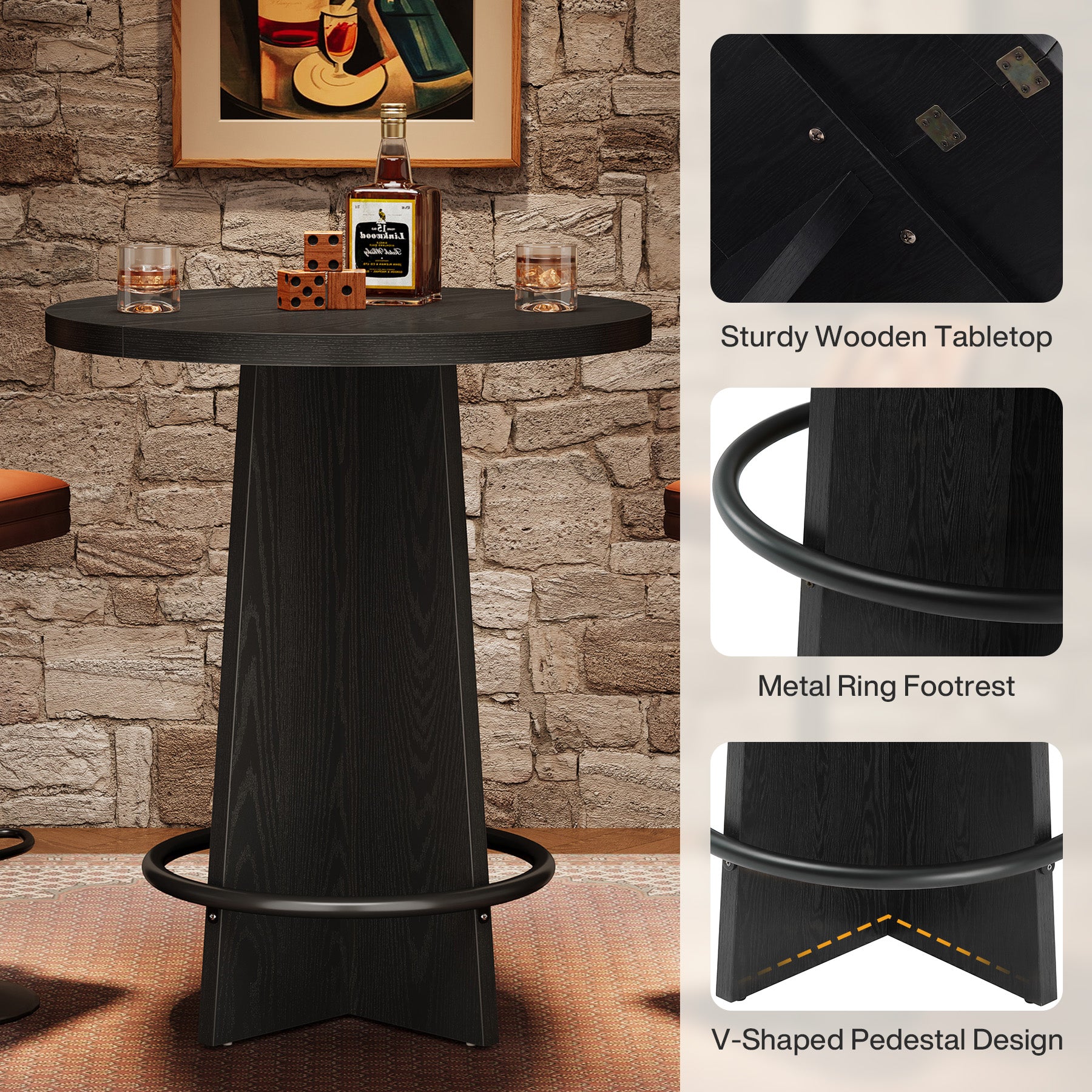 37.4-Inch Round Bar Table with Wooden Cross Base, Compact Pub Table with Ring Footrest