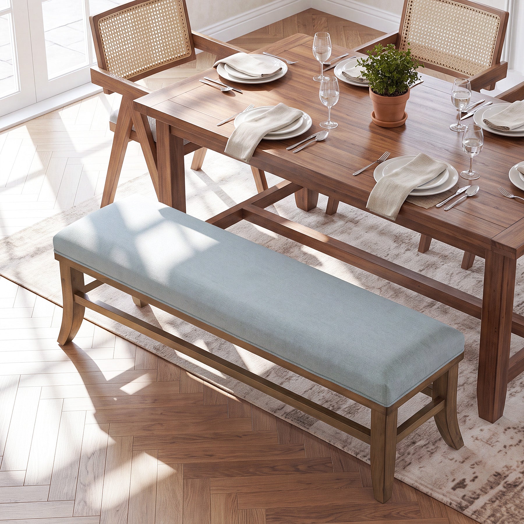 Tribesigns 55-Inch Upholstered Dining Bench, Solid Pine Wood Padded Bench with Linen Cushion