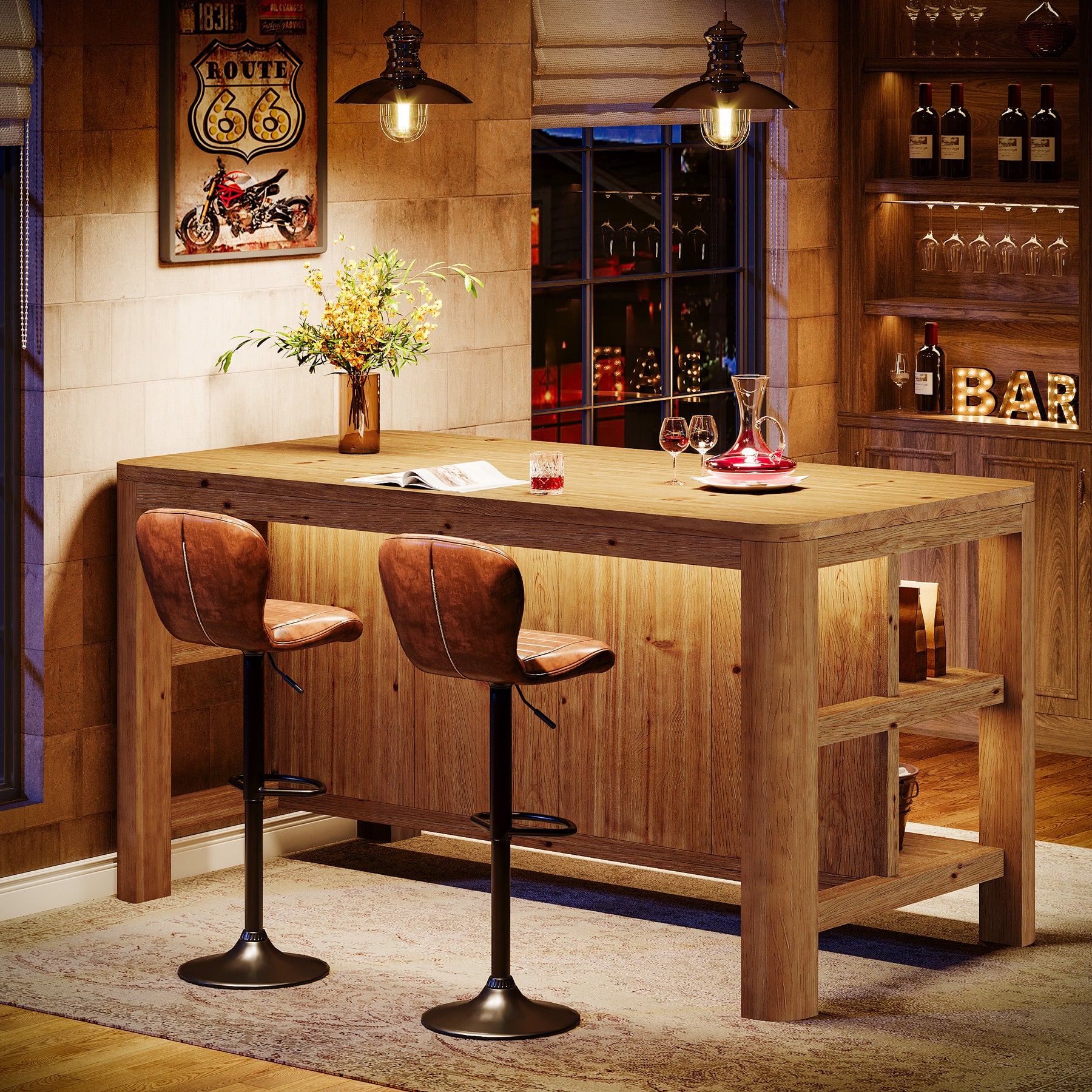 Tribesigns 63-Inch Rectangular Bar Table with Solid Wood Top and Storage Shelves, Counter Height Table for Home Bar