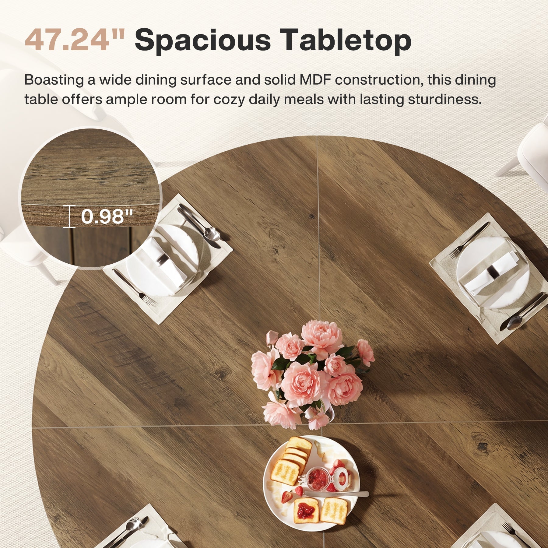 47.24-Inch Round Dining Table with Pedestal Base, Farmhouse Kitchen Table for 4 to 6 People