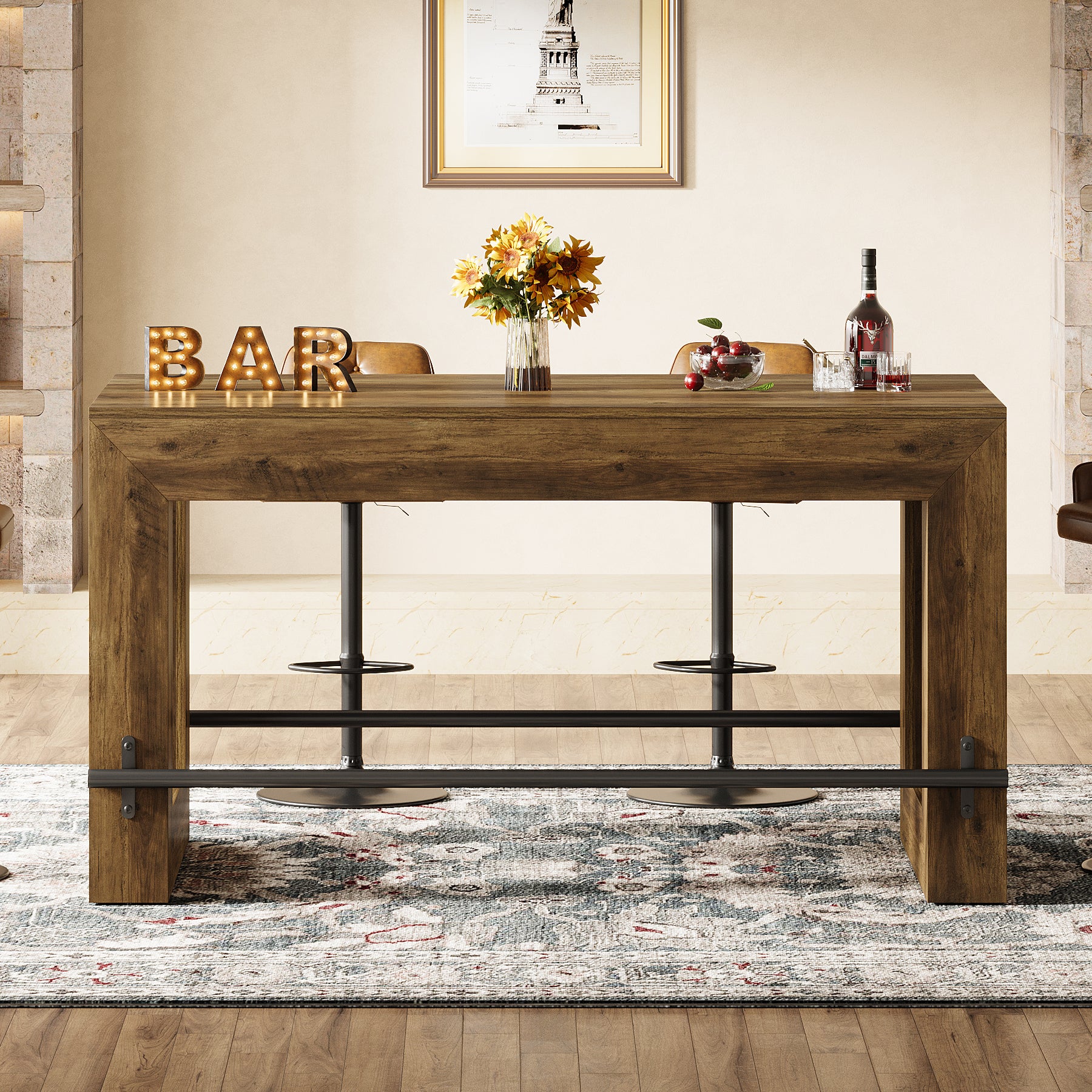 Tribesigns 59-Inch Industrial Bar Table with Metal Footrest, Counter Height Pub Table for Kitchen