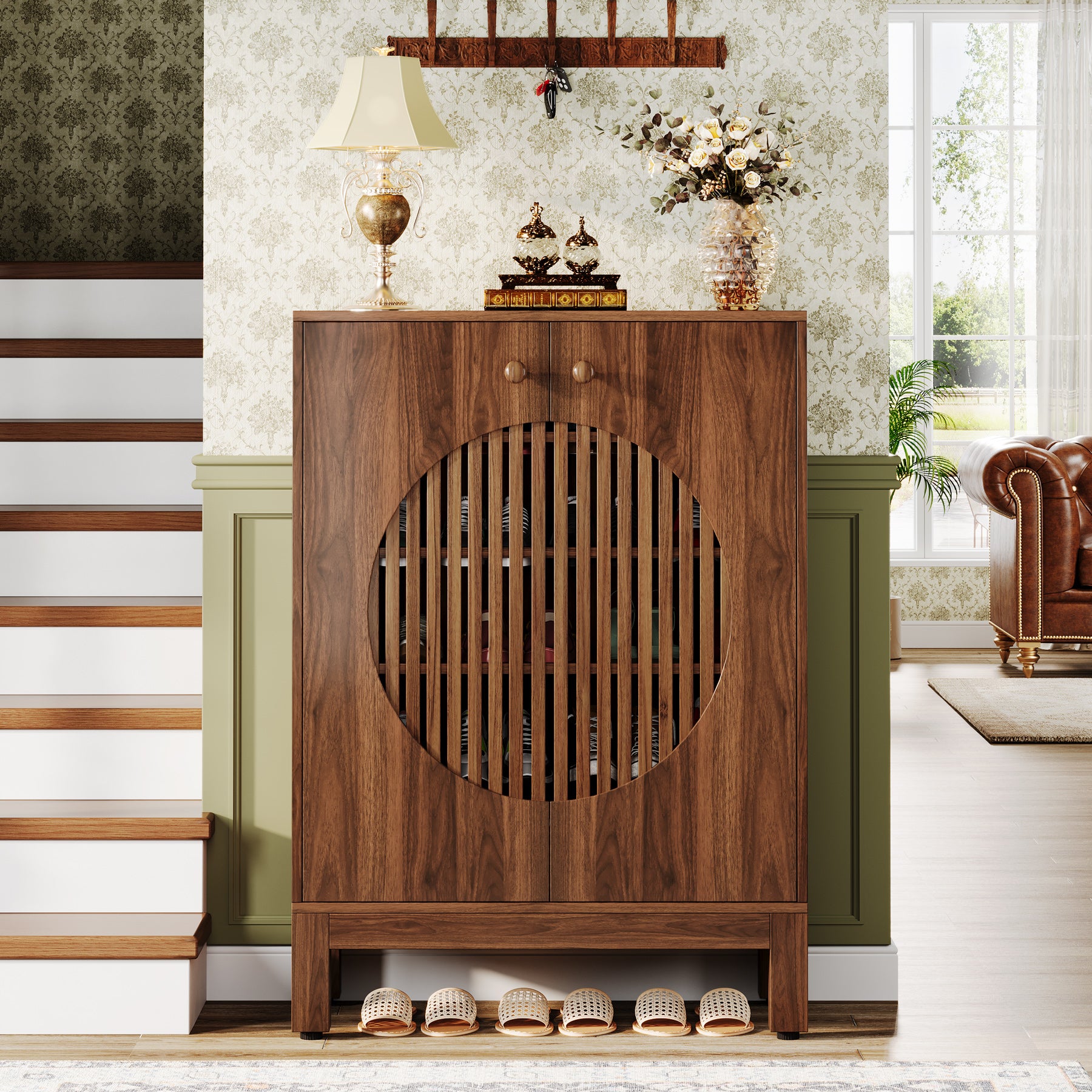 Tribesigns 5-Tier Shoe Cabinet, 20-Pair Farmhouse Shoe Storage Organizer with Round Louvered Doors for Entryway