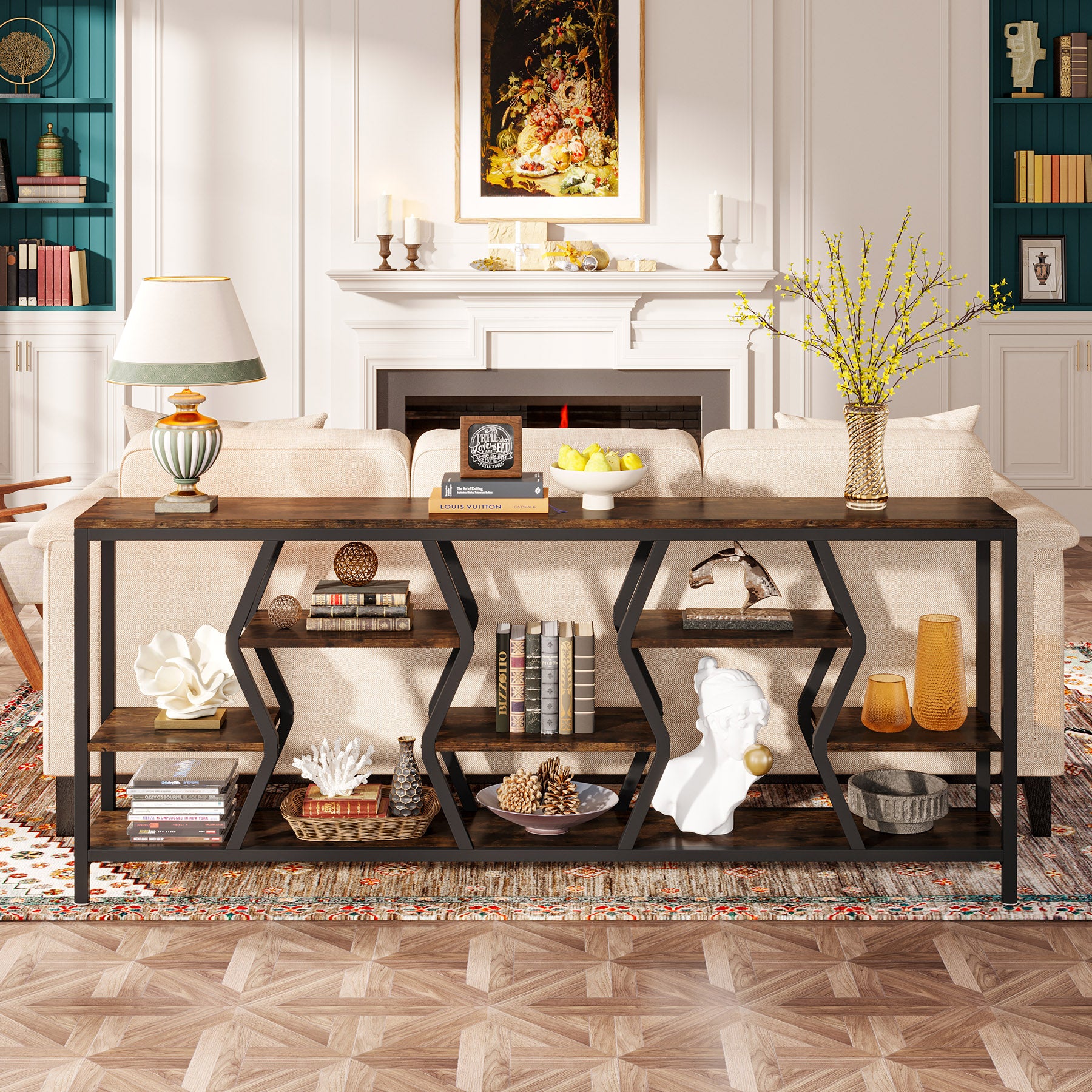 70.9-Inch Extra Long Sofa Console Table with 4-Tier Wood Storage Shelves, Industrial Narrow Entryway Table for Hallway
