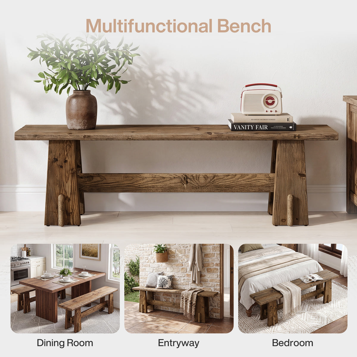 Tribesigns 59 Inch Solid Wood Bench with Rustic Farmhouse Design, Long Entryway Bench