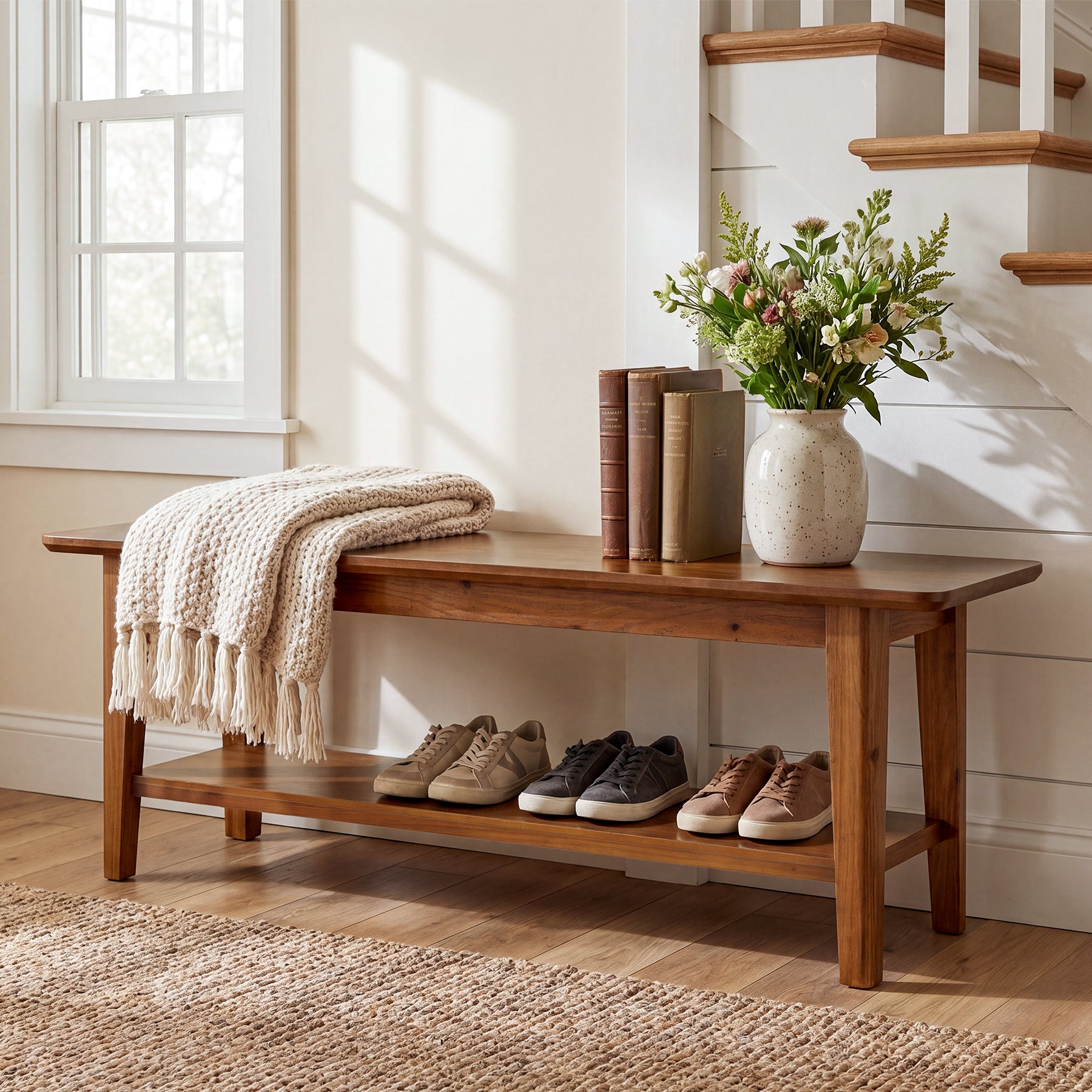 Tribesigns 55.12-Inch Wooden Shoe Bench with Open Shelves, Farmhouse Entryway Bench for Hallway