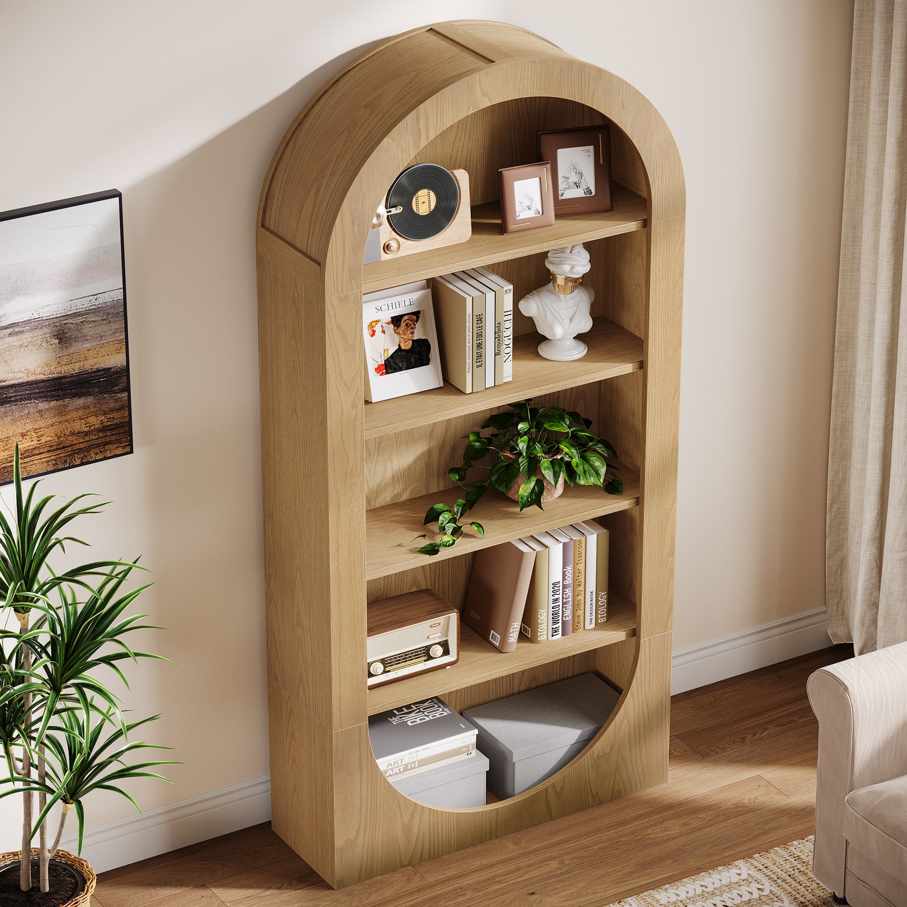 71 Inch Tall Bookshelf with 5 Tier Shelves, Arched Bookcase for Living Room Home Office