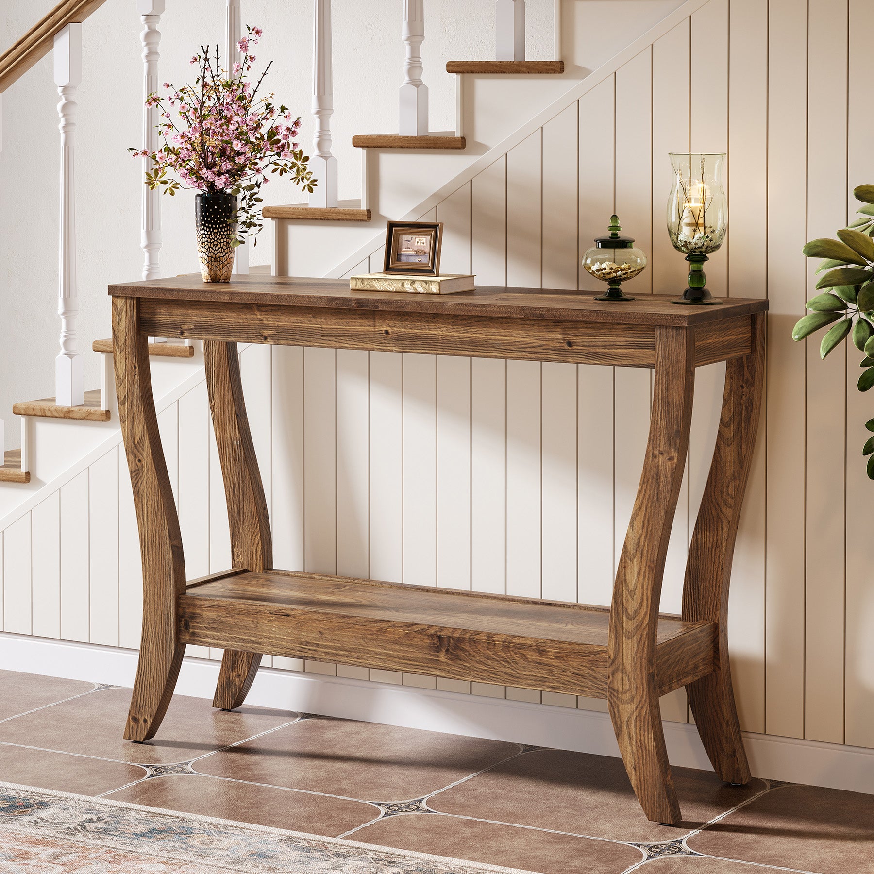 41.3-Inch Solid Wood Console Table with Storage Shelf, Farmhouse 2-Tier Entryway and Sofa Table for Living Room and Hallway