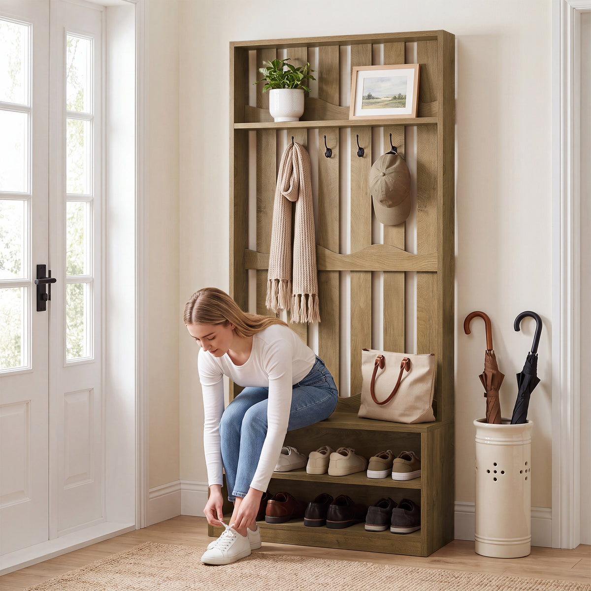 Tribesigns 31.5-Inch Coat Rack with Bench and Shoe Storage, 4-in-1 Hall Tree for Hallway