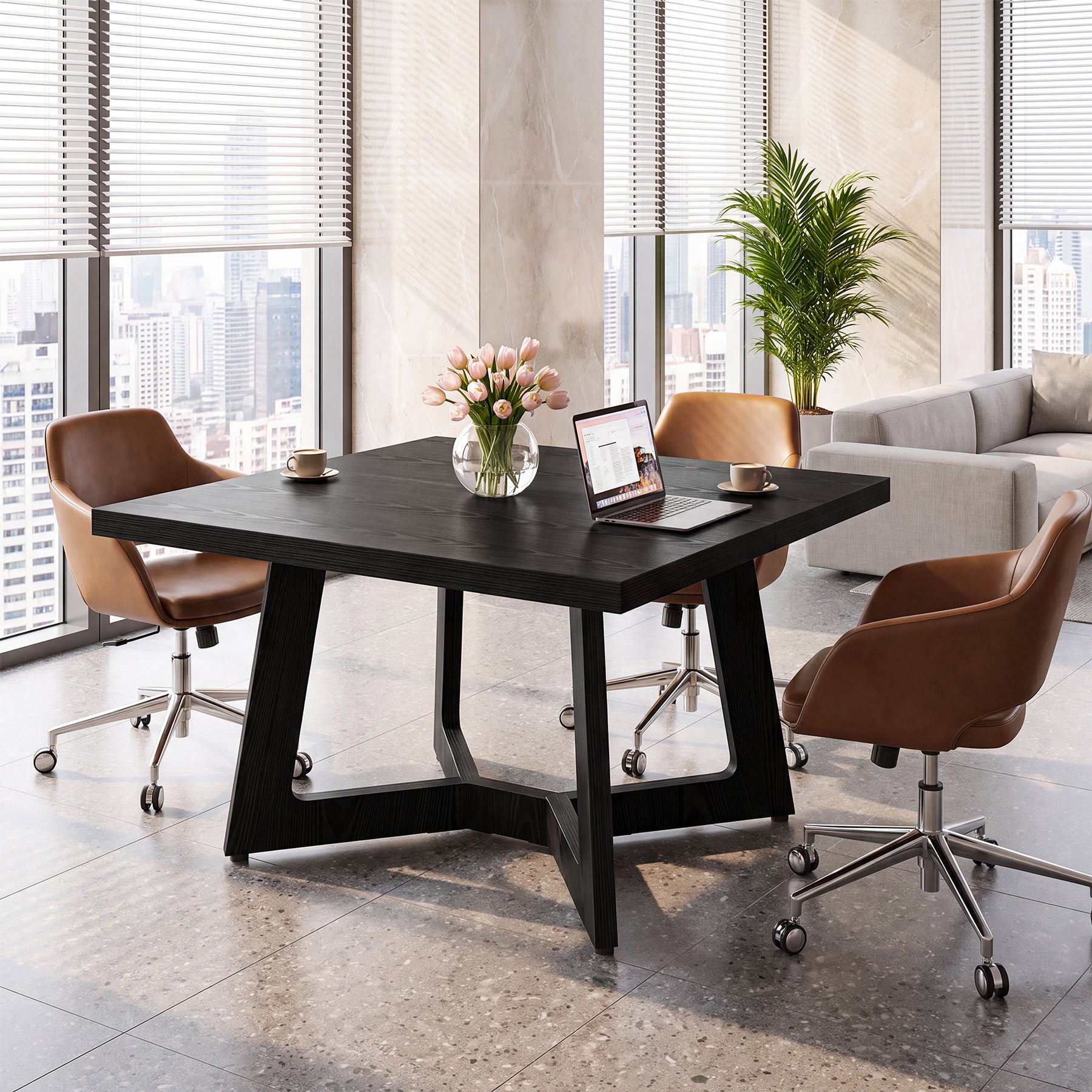 Tribesigns 39.37-Inch Square Conference Table for 2-4, Black Meeting Table with Stable Office Frame