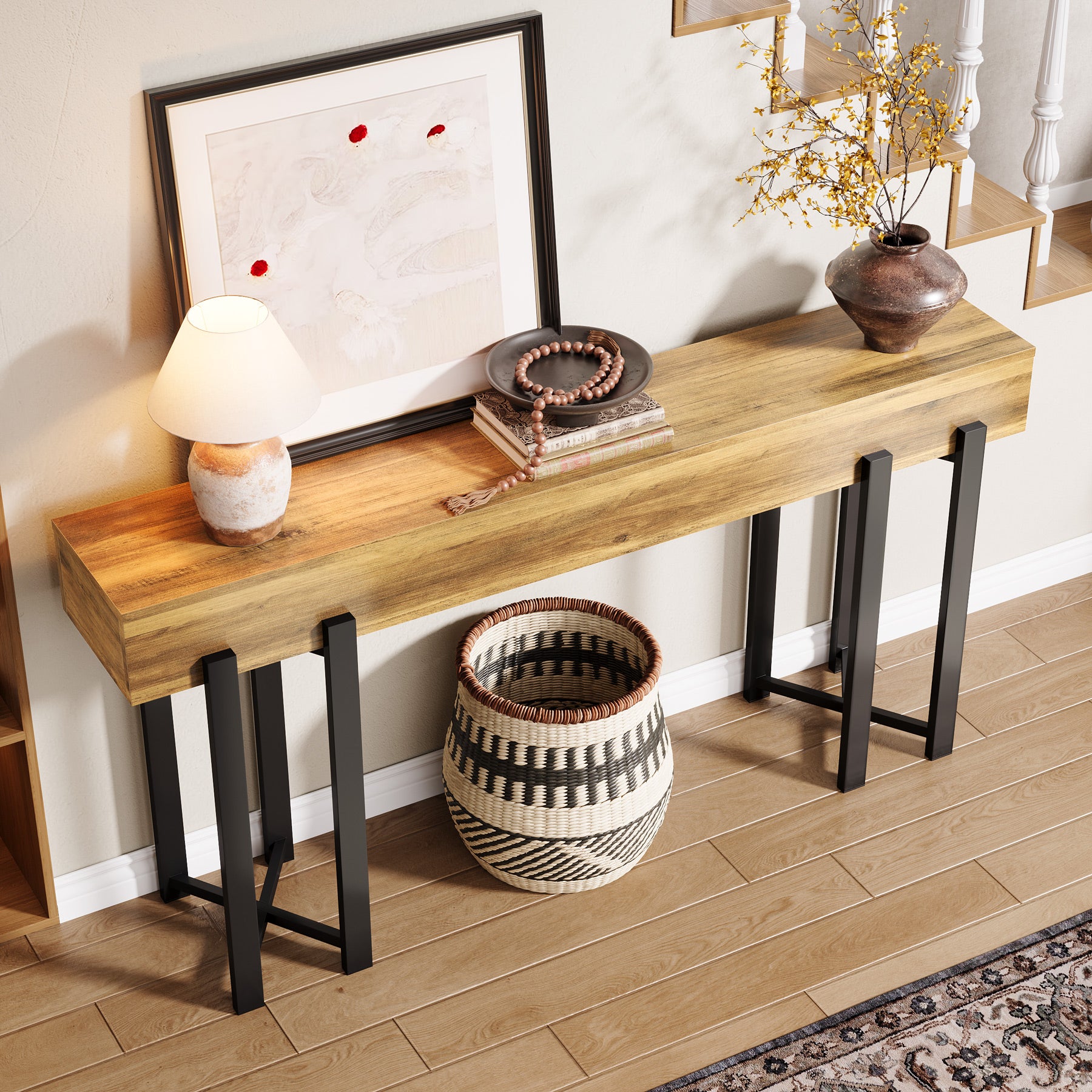 63" Industrial Console Table with Metal Frame, Wooden Sofa Table for Entryway and Living Room