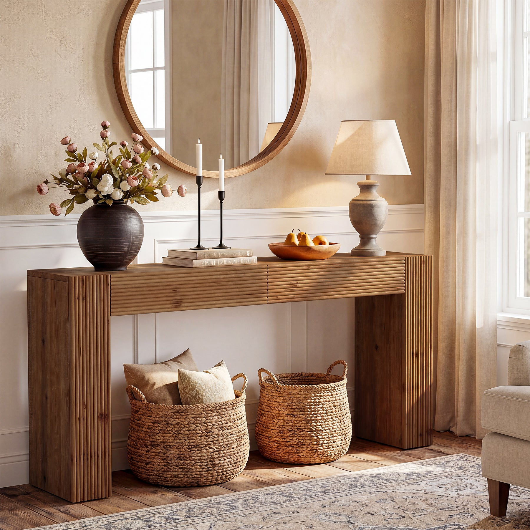 Tribesigns 63-Inch Solid Wood Console Table with 2 Drawers, Fluted Farmhouse Table for Hallway