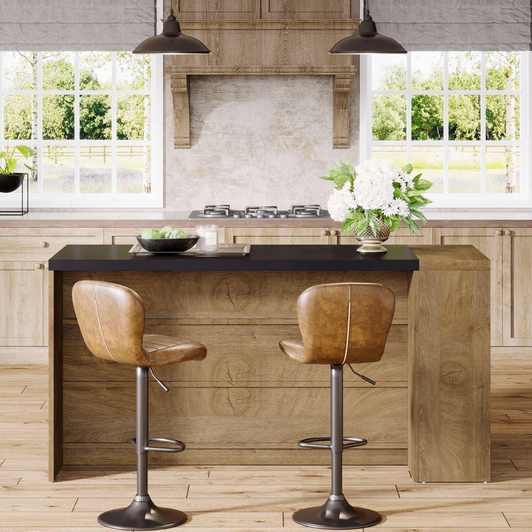 55.12-Inch Kitchen Island with 5-Tier Storage Shelves and Large Countertop, Farmhouse Coffee Bar Table for Kitchen