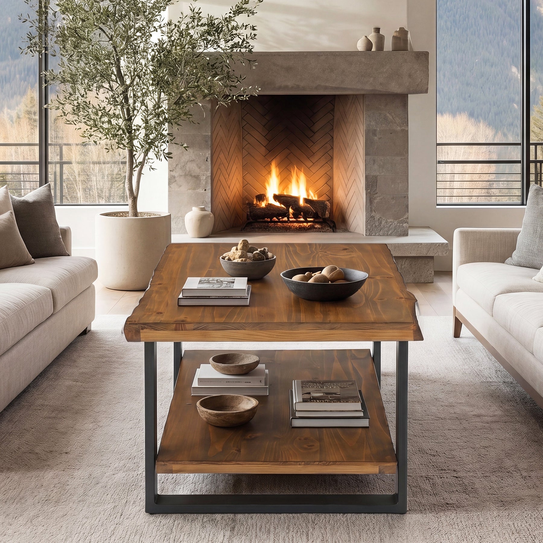 Tribesigns 47-Inch Solid Wood Coffee Table with Live Edge Top, 2-Tier Storage Table for Living Room