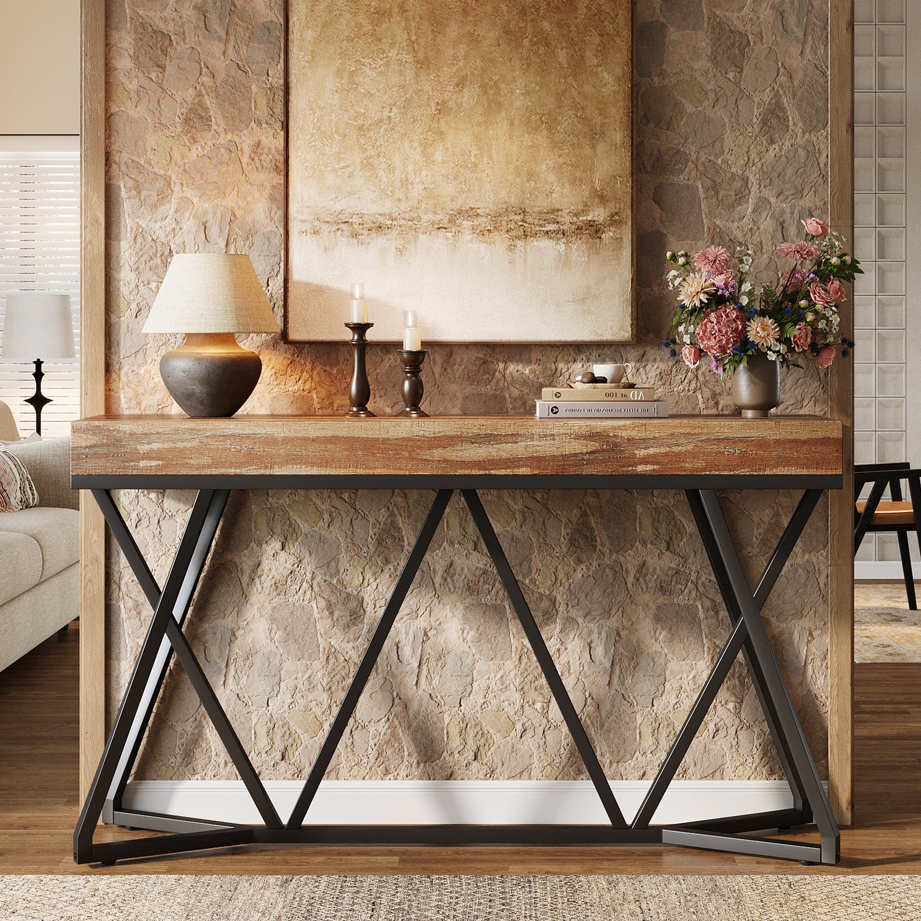 Farmhouse Console Table, 55" Sofa Table Wood Entryway Table