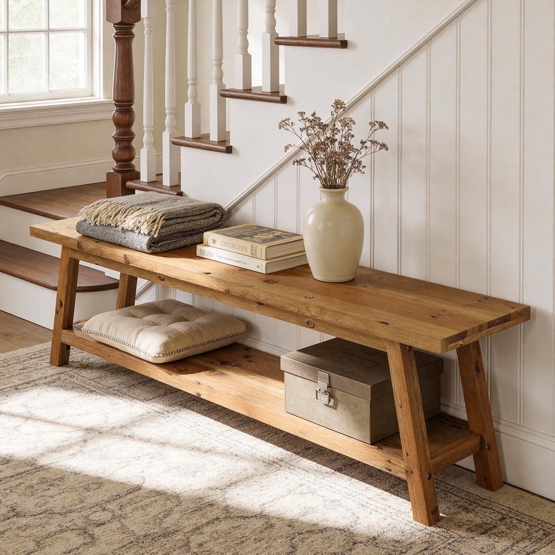 63" Solid Wood Entryway Bench with Storage Shelf, Hallway Shoe Bench for Mudroom