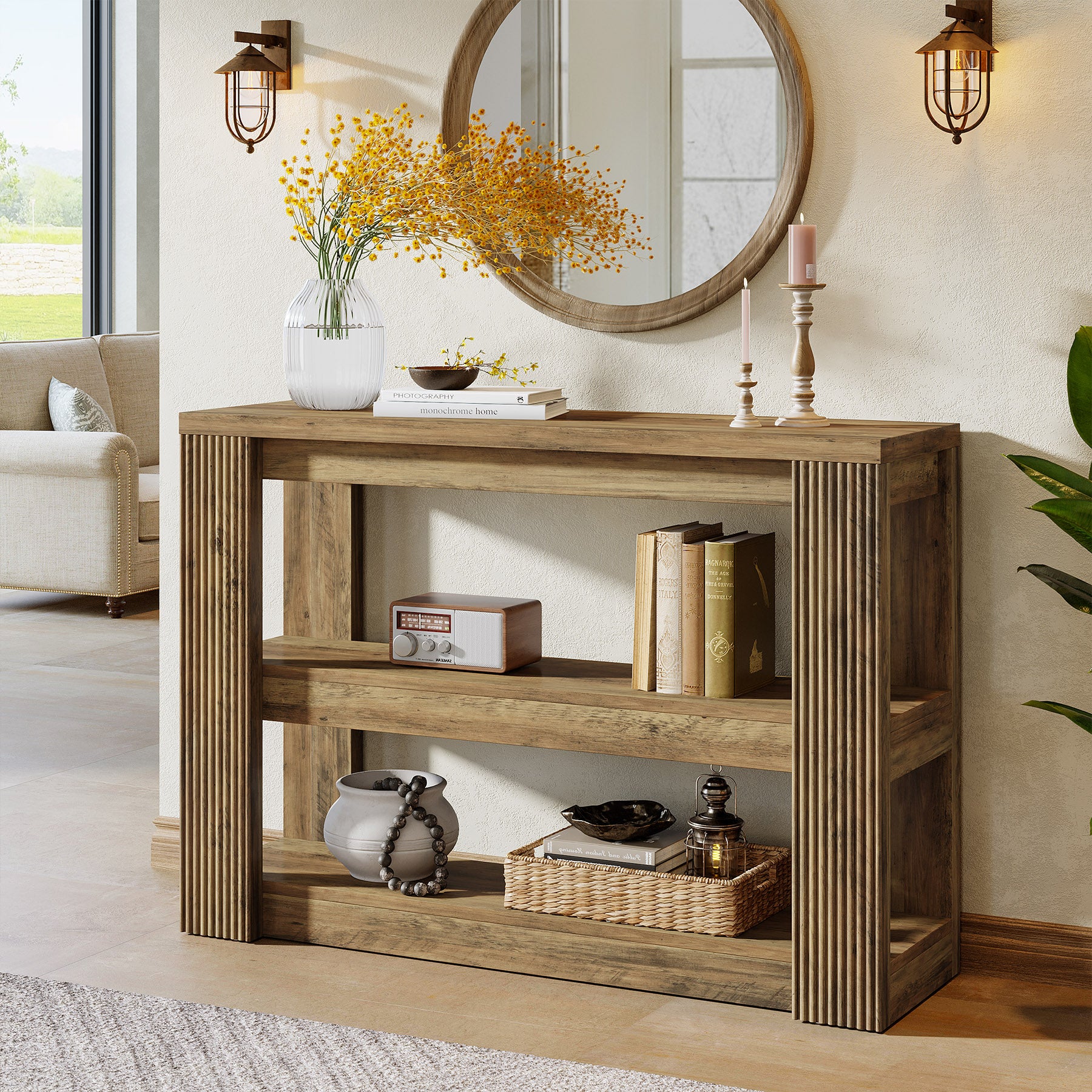41.34-Inch Farmhouse Console Table with 3-Tier Shelves, Narrow Sofa Table
