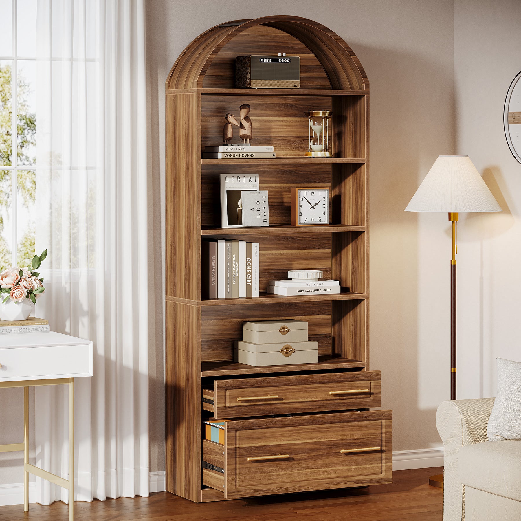 76.8-Inch Arched Bookcase with File Cabinet Drawer, 5-Tier Storage for Home Office
