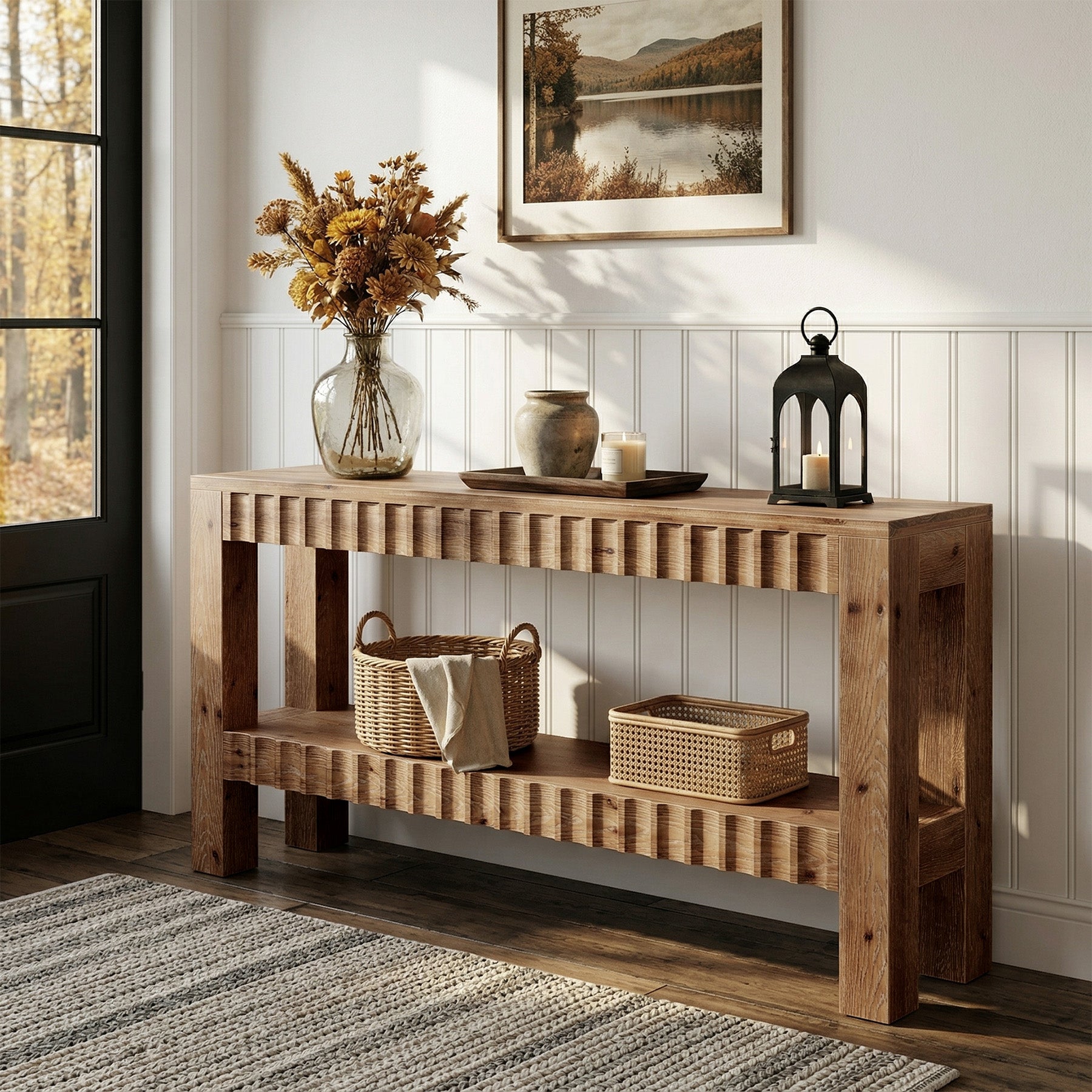 63" Console Table, Solid Wood Farmhouse Entryway Table with 2-Tier Storage