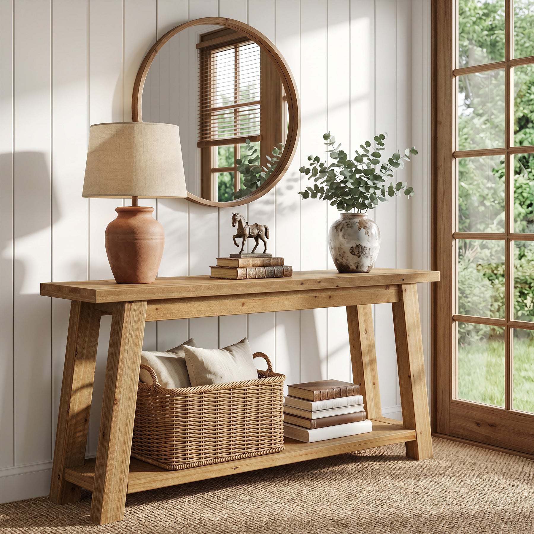 70.9-Inch Solid Wood Console Table with 2-Tier Storage Shelf, Farmhouse Entryway Table for Living Room and Hallway