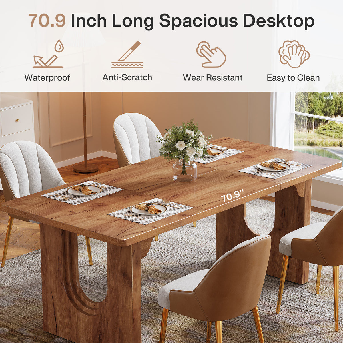 Tribesigns 71 Inch Rectangular Dining Table for 6-8, Rustic Wooden Pedestal Kitchen Table for Dining Room