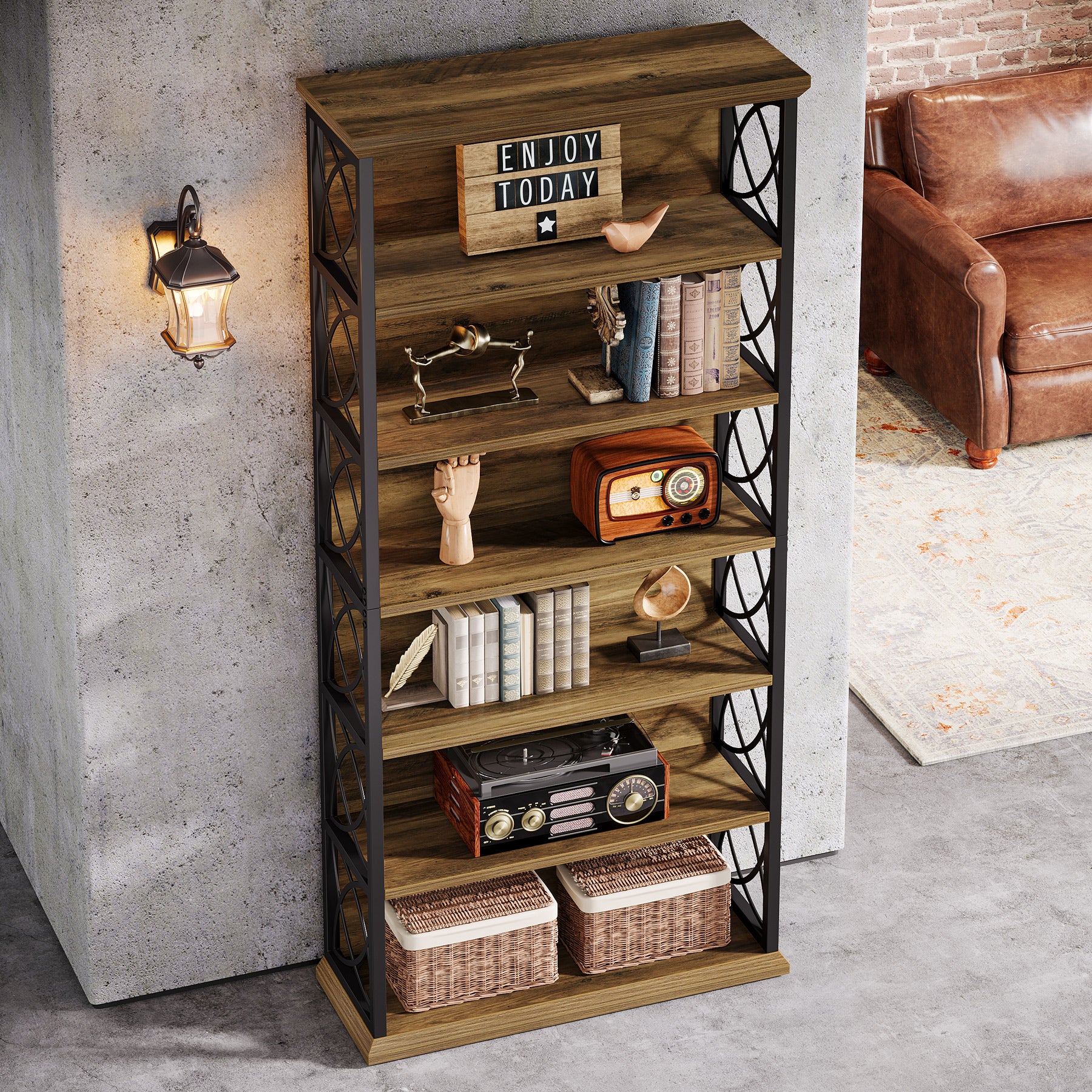 72.83-Inch Industrial Bookshelf with 320 lb Capacity, 6-Tier Wood and Metal Bookcase for Home Office