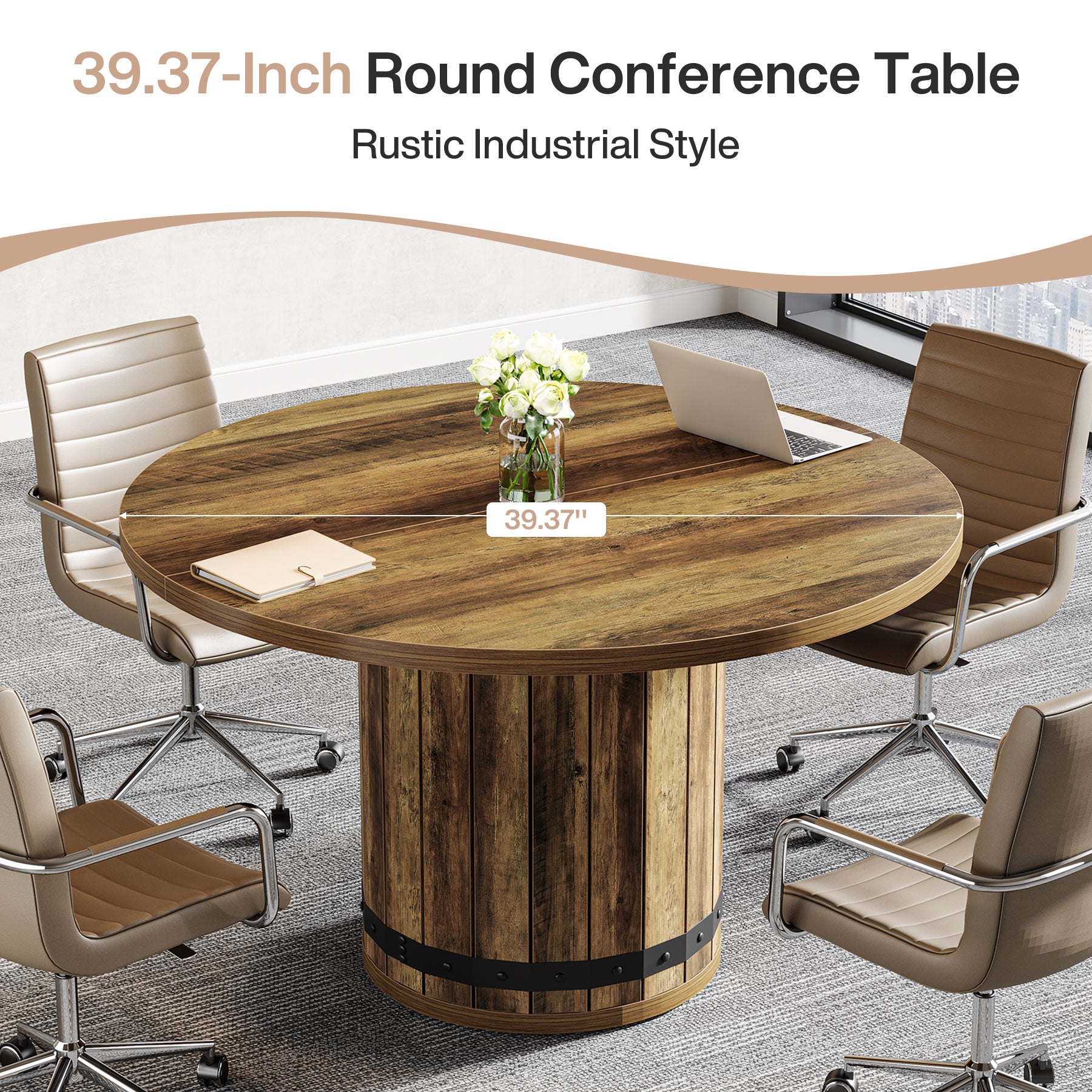Tribesigns 39.37-Inch Round Conference Table, Fence Base Meeting Table