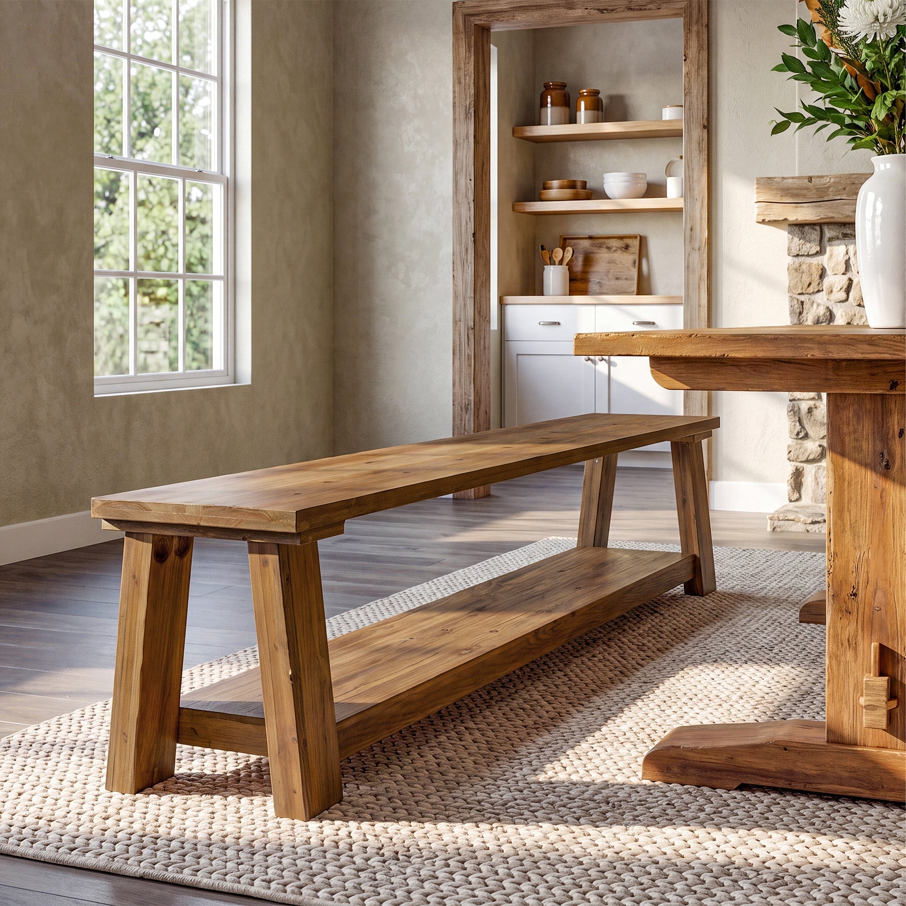 70.9-Inch Solid Wood Dining Bench with Storage Shelf, Farmhouse Bench for Dining Room