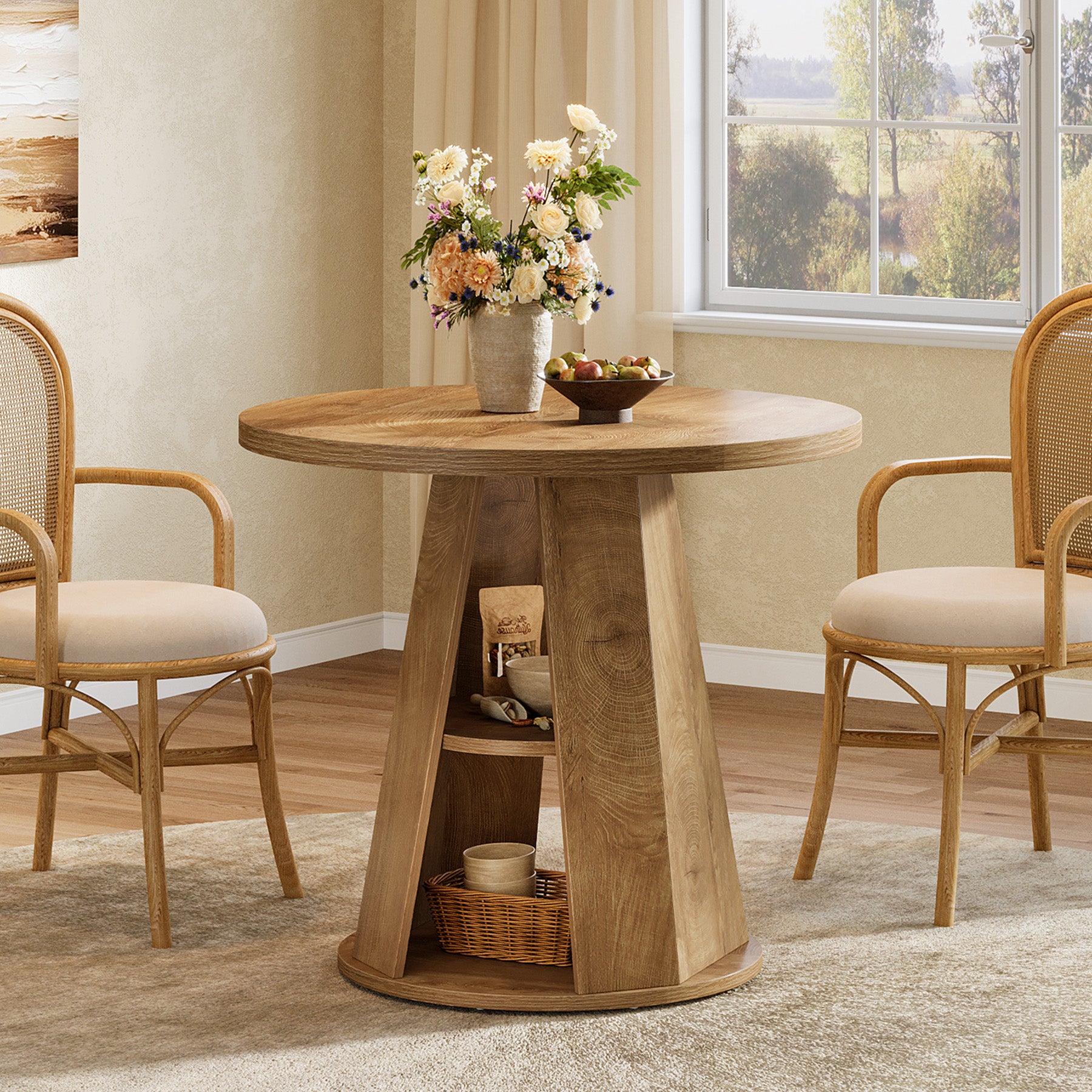 Tribesigns 31.5-Inch Round Dining Table for 2-4, Space-Saving Farmhouse Kitchen Table with 2-Tier Storage Shelf for Small Spaces
