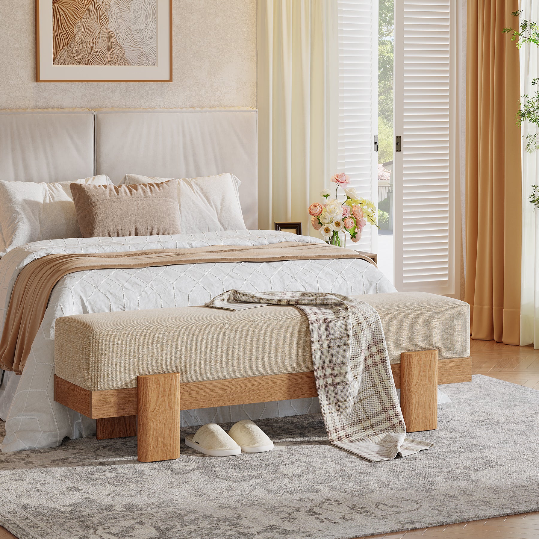55-Inch Upholstered Entryway Bench, Modern Shoe Bench with Thick Cushion