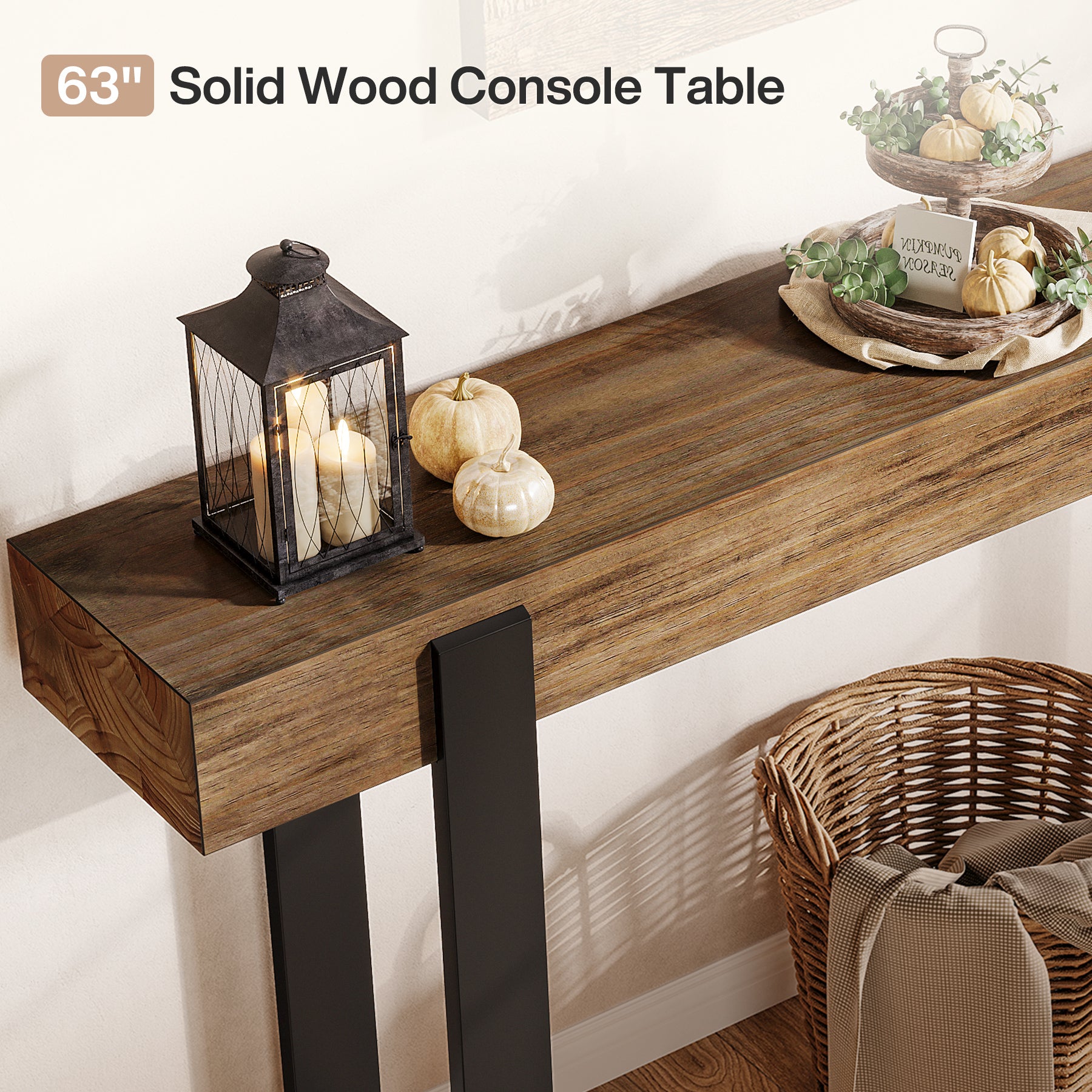 Tribesigns 63-Inch Solid Wood Sofa Table with Metal Support, Narrow Console Table for Behind Couch