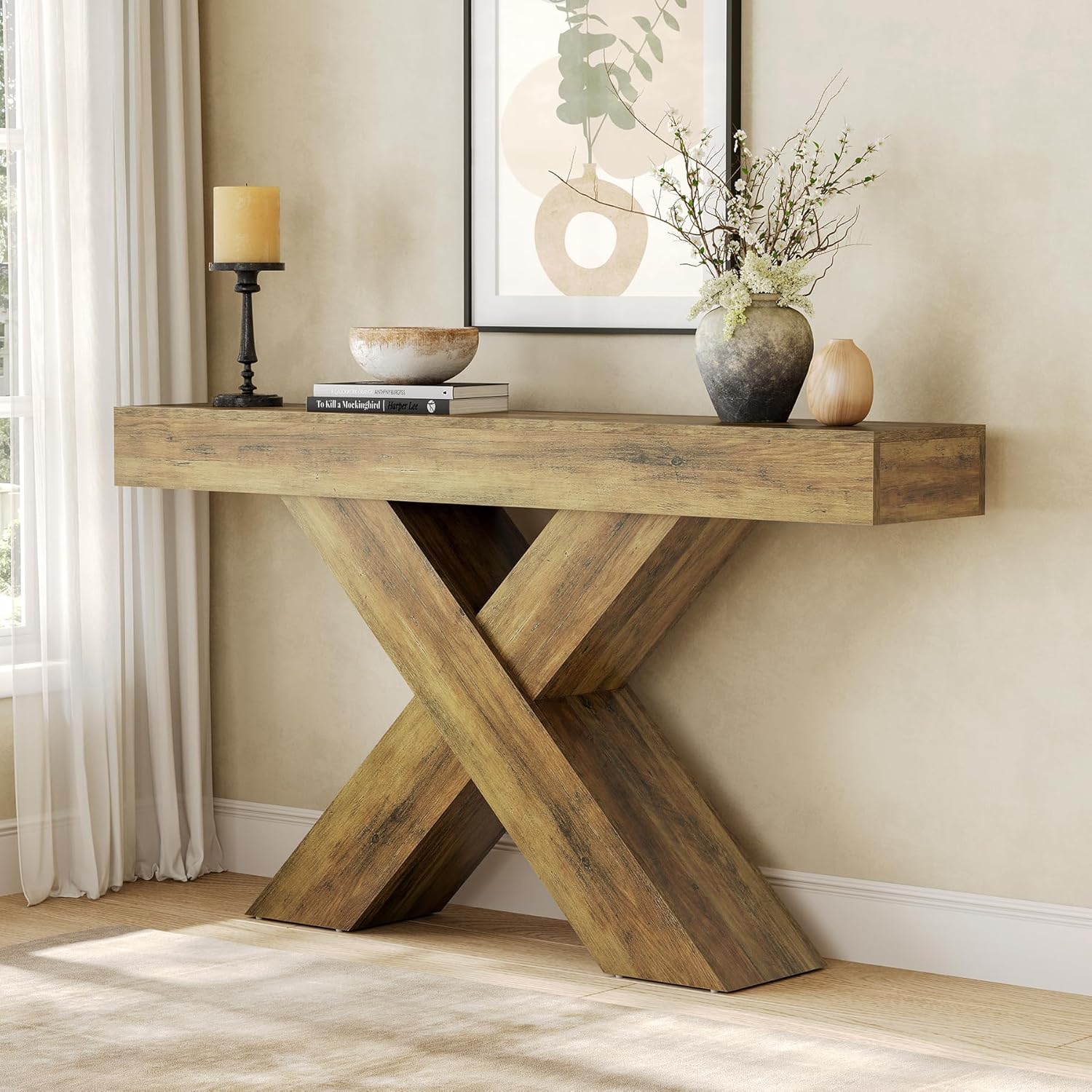 55" Rustic Industrial X-Brace Console Table - Slim Sofa Table for Entryway, Hallway & Living Room in Brown