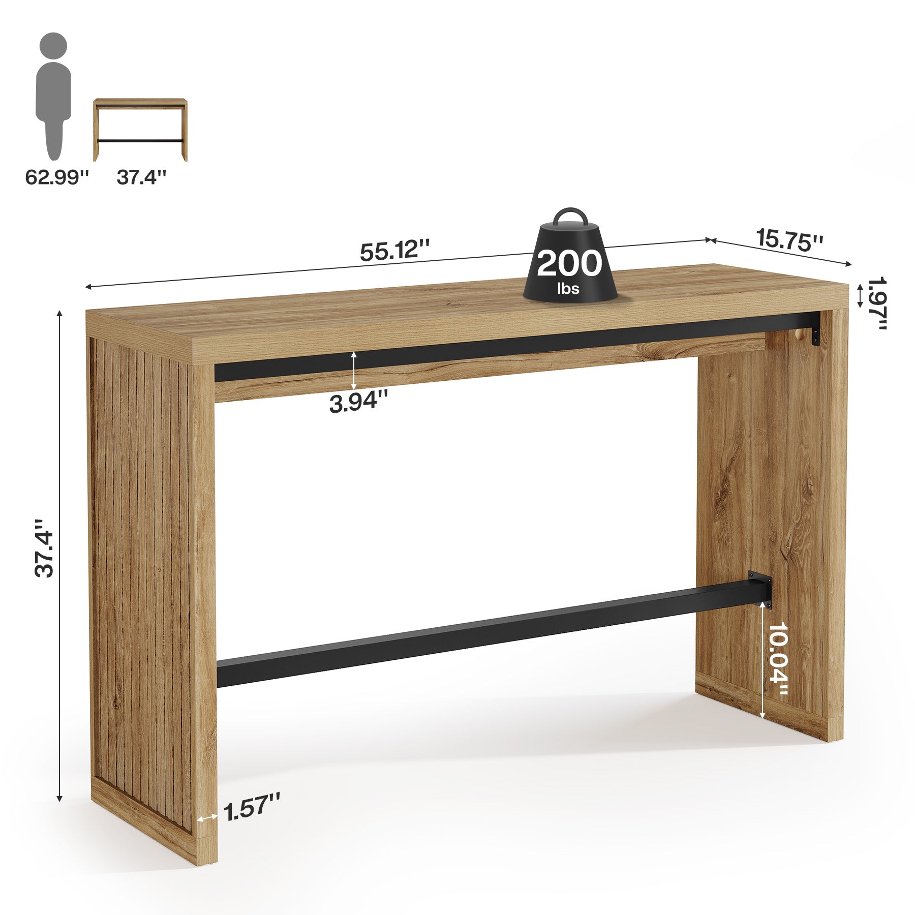Tribesigns 55-Inch Counter Height Bar Table with Metal Footrest and Fluted Design, Rectangular High Top Pub Table for Home Bar Kitchen and Bistro