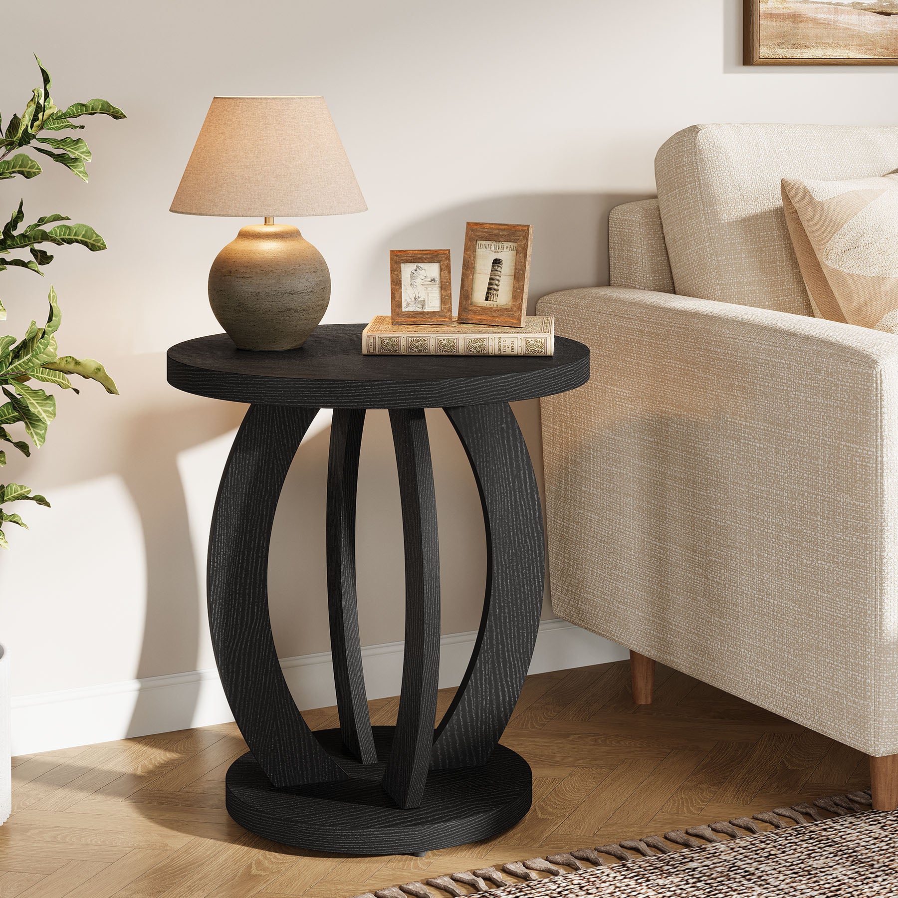 24" Round Farmhouse Nightstand - Bedside Table with Storage, Wood Base, Brown