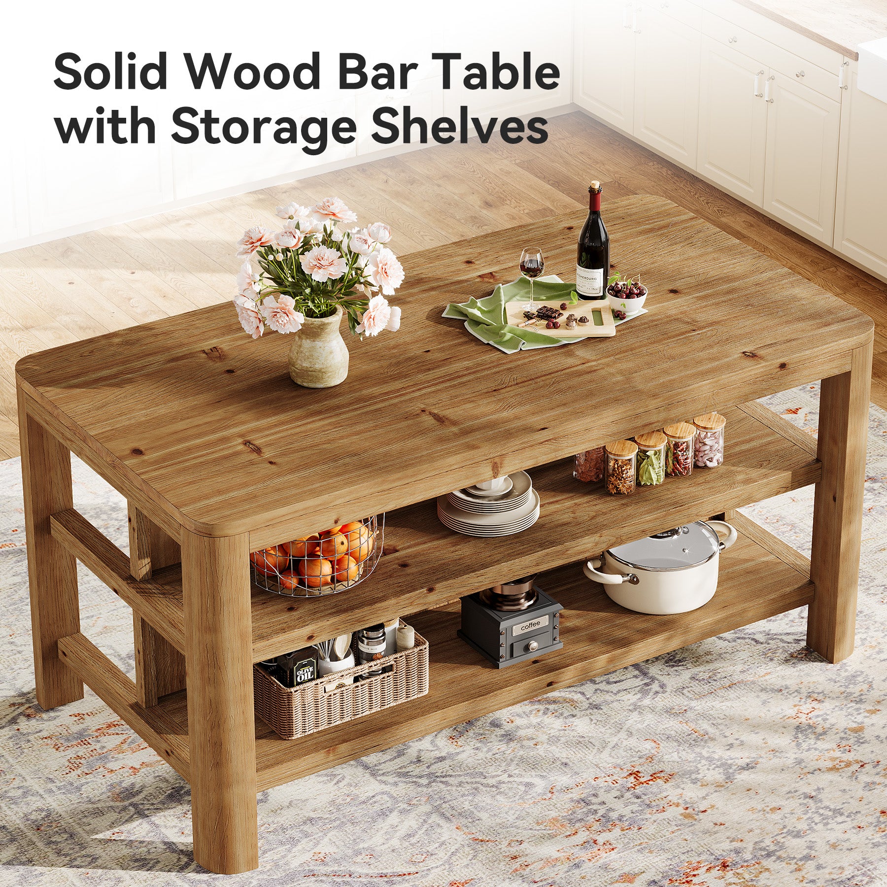 Tribesigns 63-Inch Farmhouse Kitchen Island, Solid Wood Island Table with Open Storage Shelves