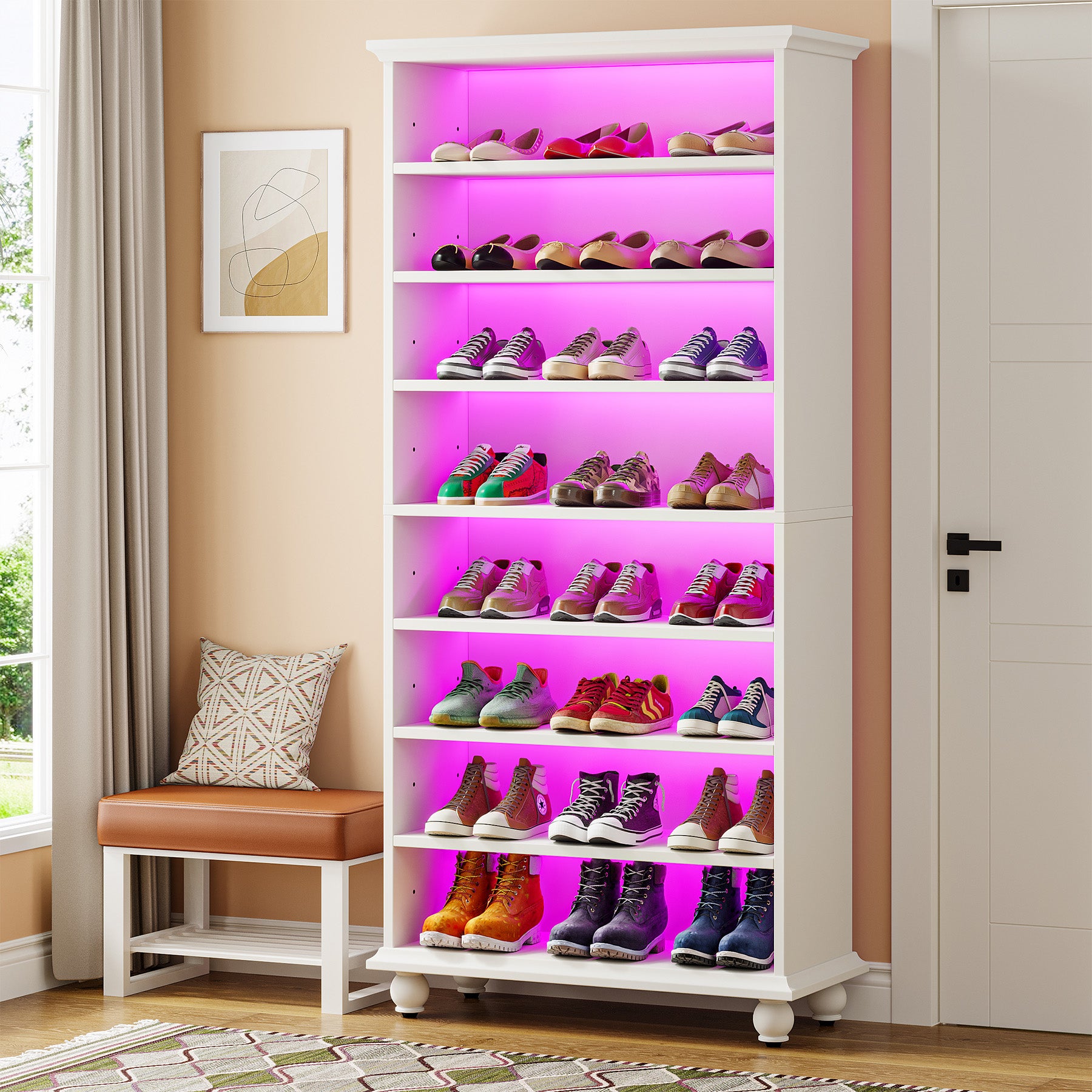 Tribesigns 69-Inch Tall Shoe Storage Cabinet with LED Lighting and Solid Wood Legs, 28-Inch Wide 30-Pair Shoe Rack Organizer