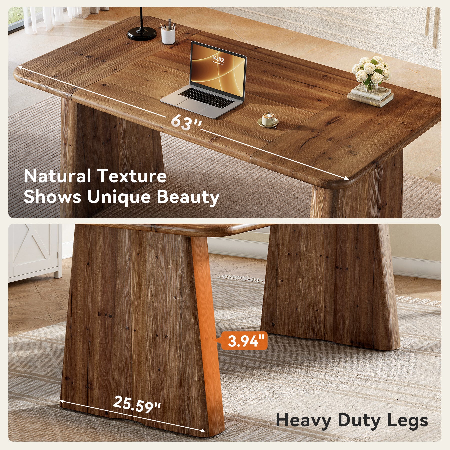 Tribesigns 63-Inch Solid Wood Executive Desk with Double Pedestal Base, Home Office Workstation