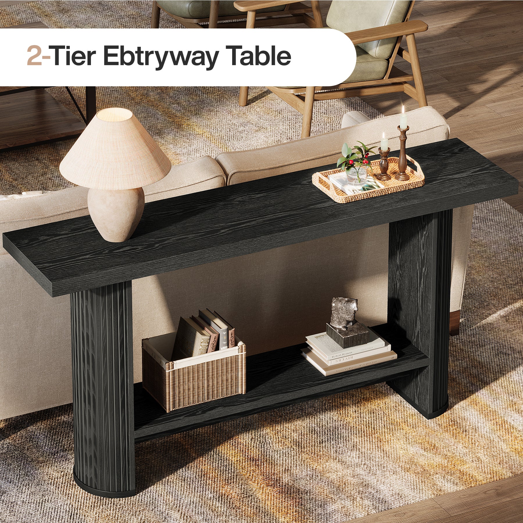 55-Inch Narrow Console Table with Storage Shelf, Rustic Entryway Sofa Table