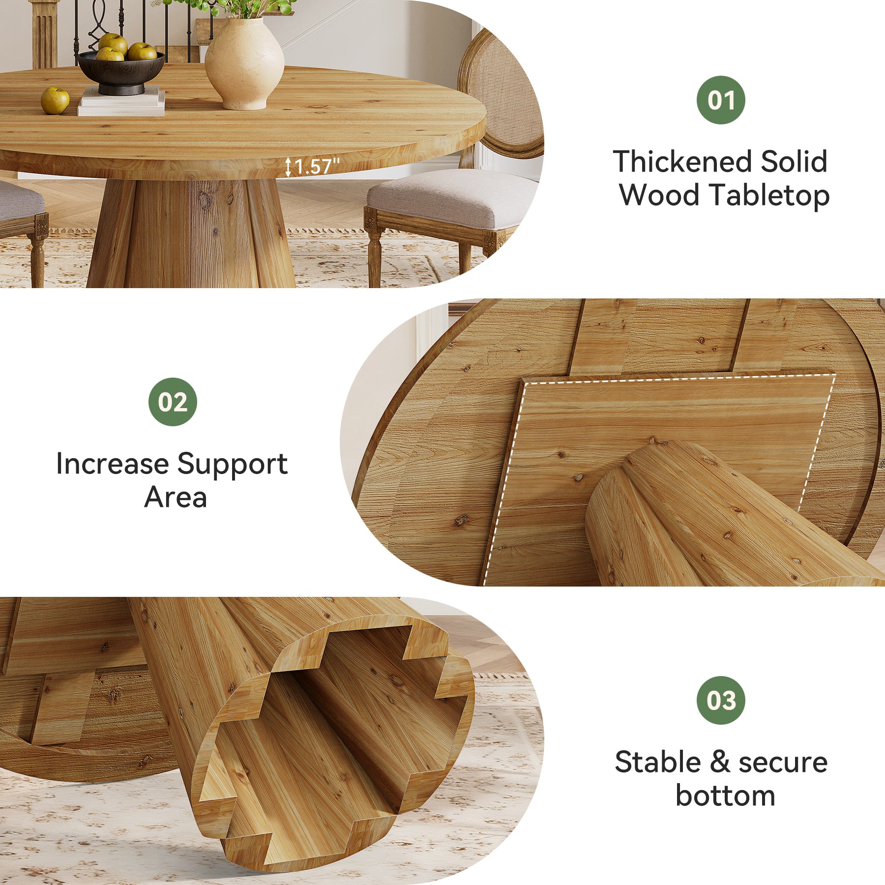 Tribesigns 47.24-Inch Solid Wood Dining Table, Farmhouse Round Kitchen Table with Pedestal Base for Dining Room