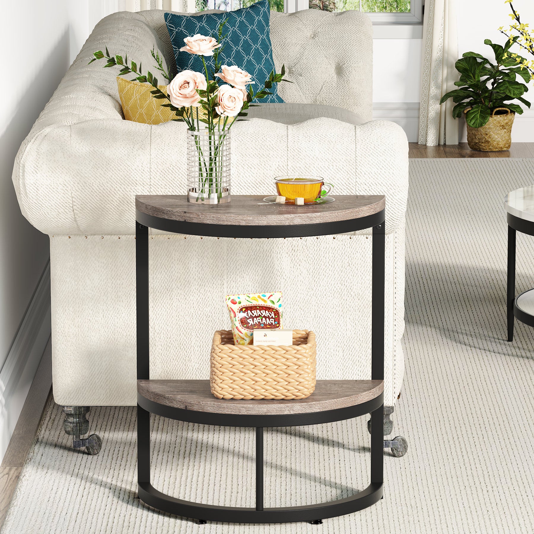 Half Round End Table with Shelf, Farmhouse Narrow Side Table for Sofa Living Room