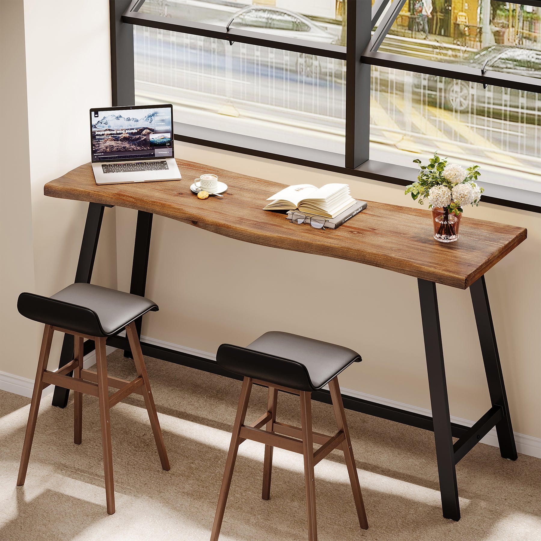 55 Inch Solid Wood Bar Table with Metal Frame and Footrest, Industrial Counter Height Pub Table for Kitchen