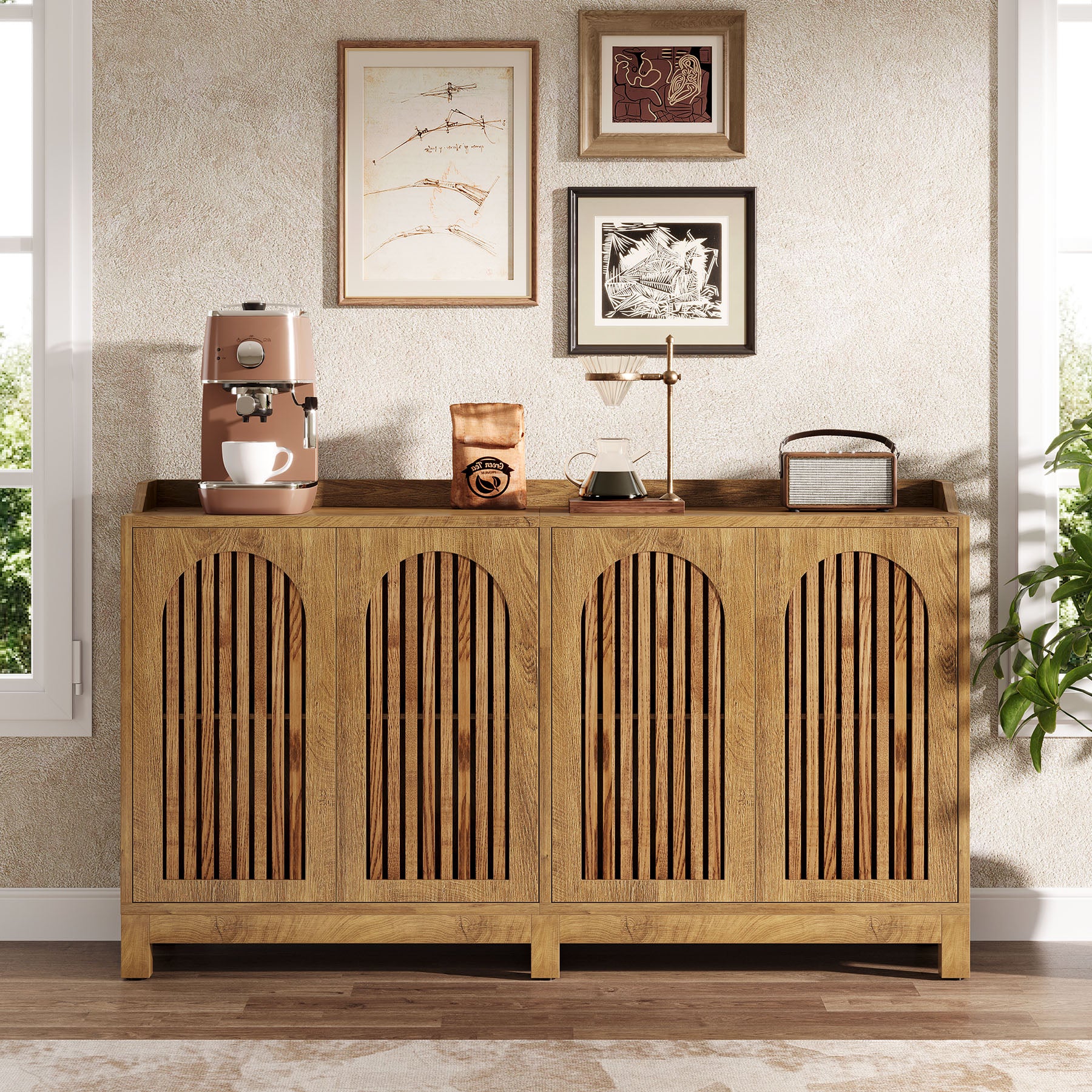 57-Inch Buffet Cabinet with Adjustable Shelves and Grille Doors, Long Sideboard Cabinet for Dining Room