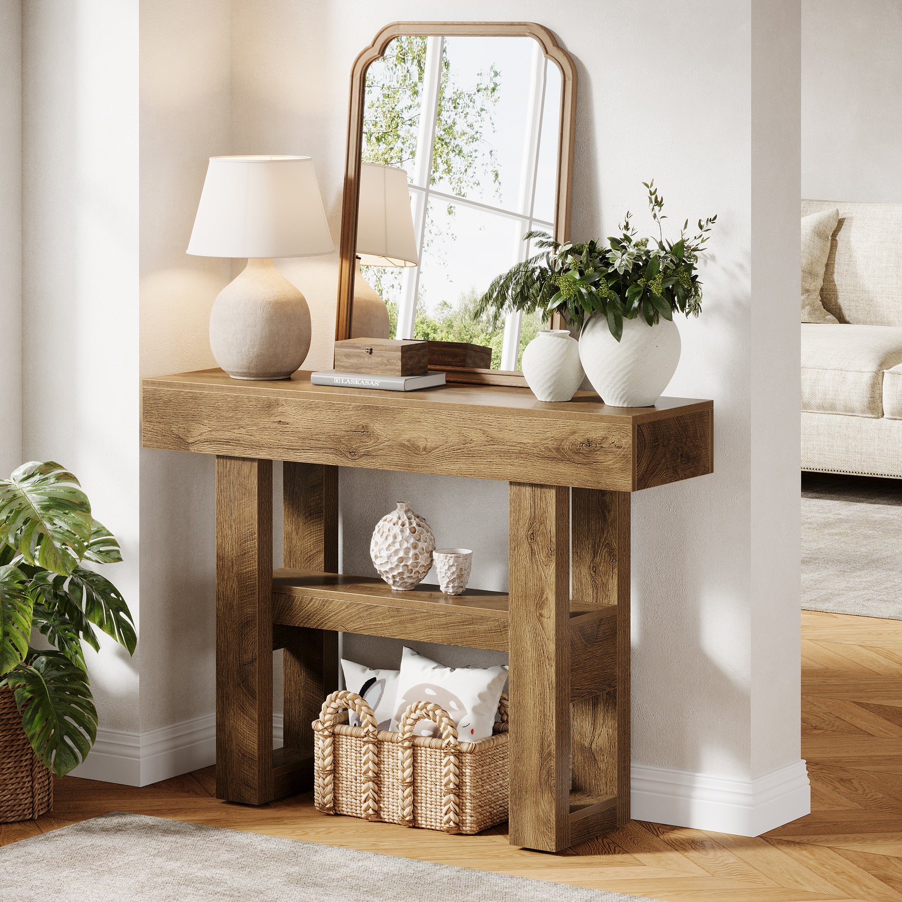 41.34" Console Table with 2 Tier Storage, Rustic Narrow Entryway Sofa Table for Hallway