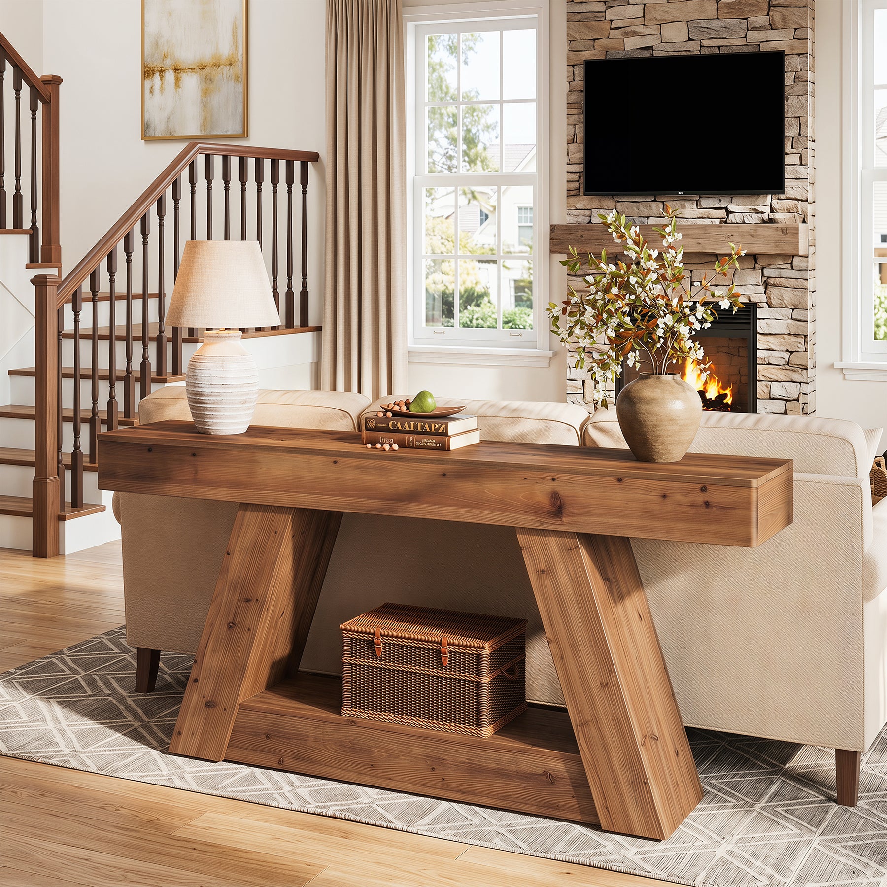 63-Inch Solid Wood Console Table with 2-Tier Storage, Farmhouse Sofa Table for Hallway
