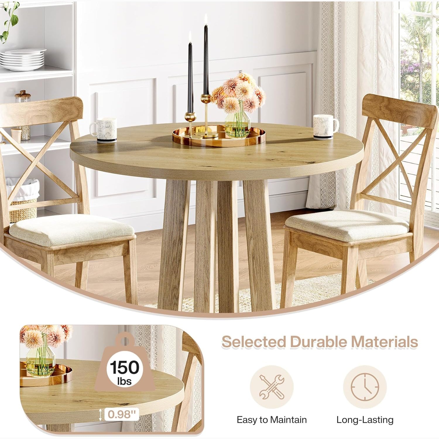 31.5" Round Farmhouse Dining Table for Small Spaces - Sturdy Base, Seats 2-4