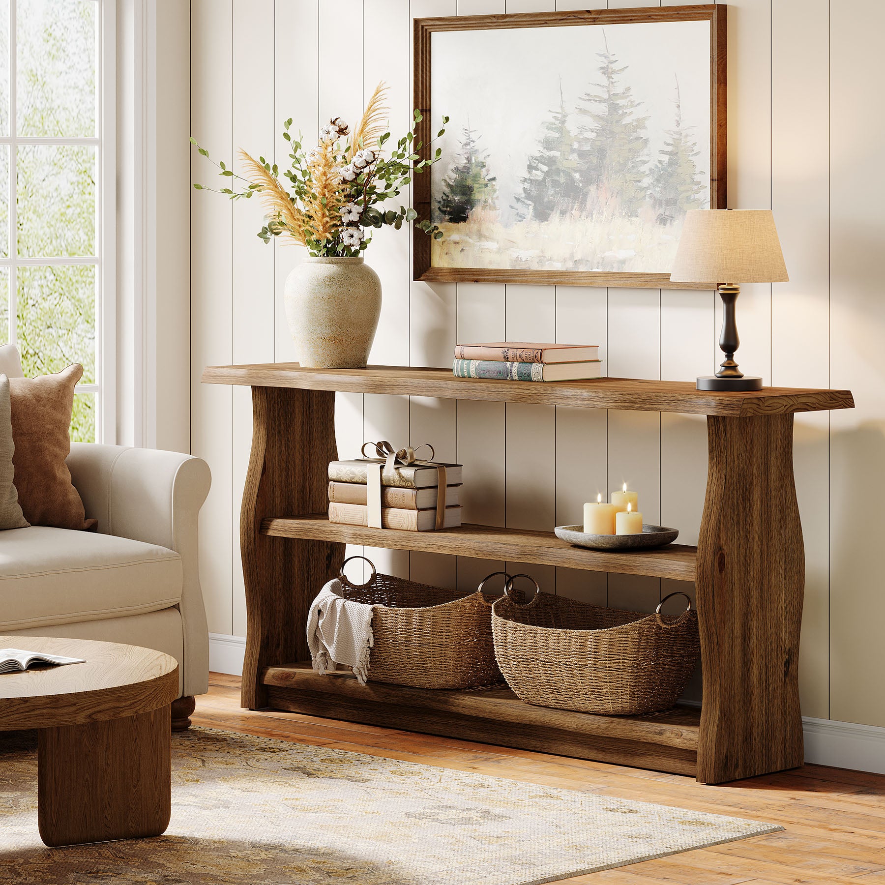 63-Inch Solid Wood Console Table with 3-Tier Open Storage, Rustic Pinewood Entryway Table for Hallway