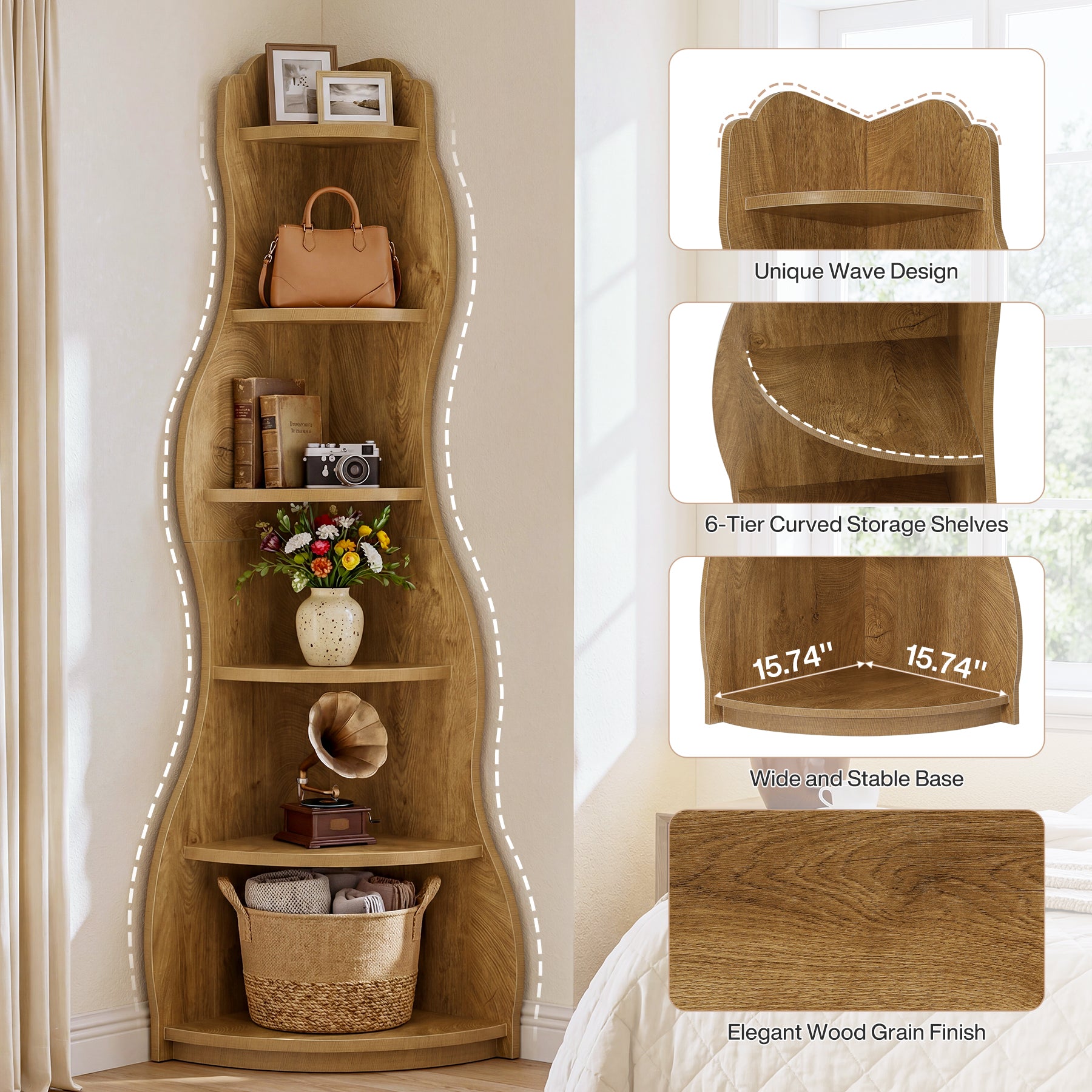 Tribesigns 68.9-Inch Wavy Corner Shelf, 6-Tier Bookcase for Small Spaces