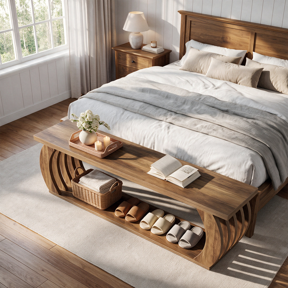 Tribesigns 63-Inch End of Bed Bench with Storage, Farmhouse Bedroom Bench with 2-Tier Shelf